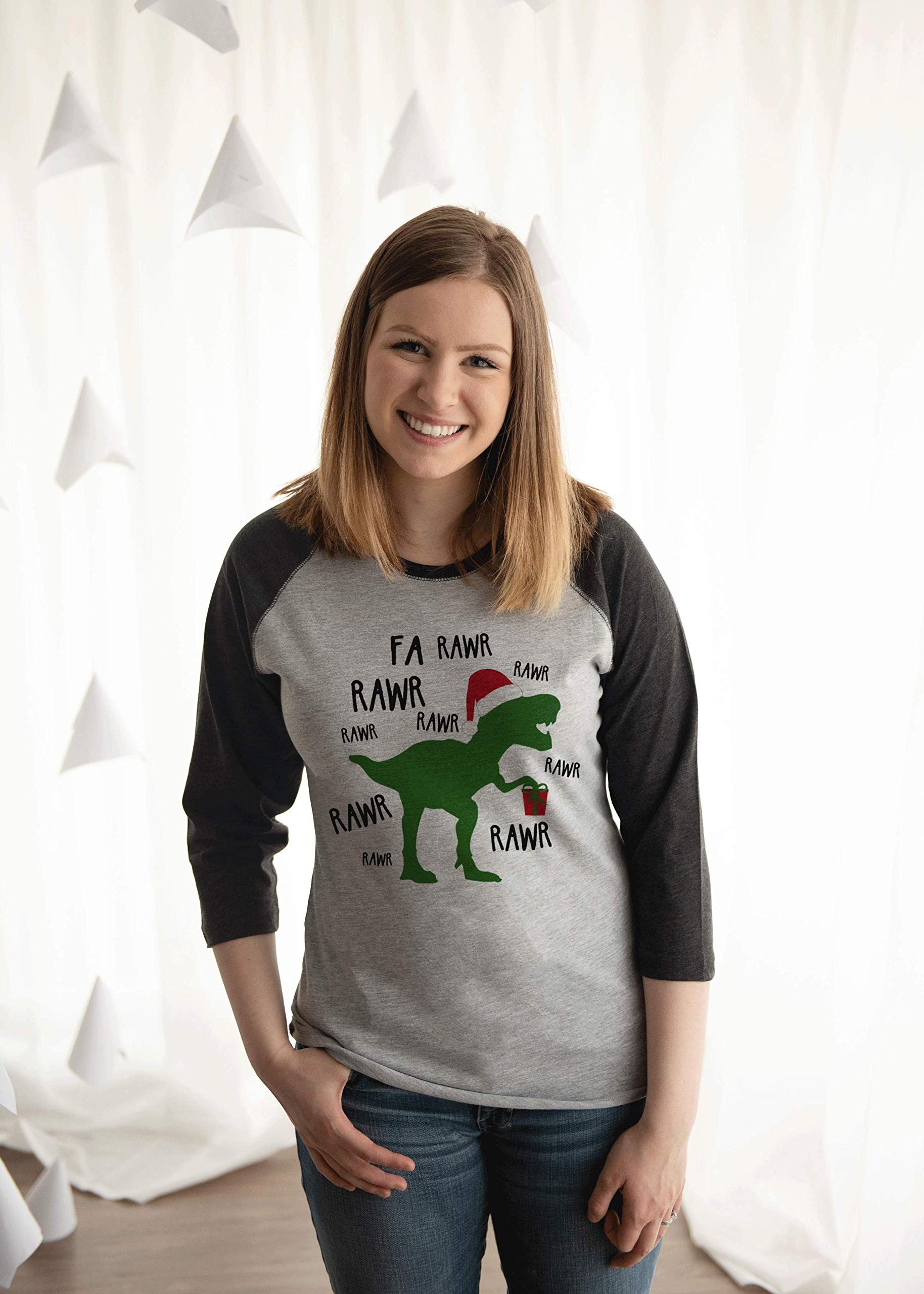 7 ate 9 Apparel Women's Dinosaur Print Christmas Long Sleeve Raglan T-Shirt - Festive Holiday Party Outfit & Casual Wear