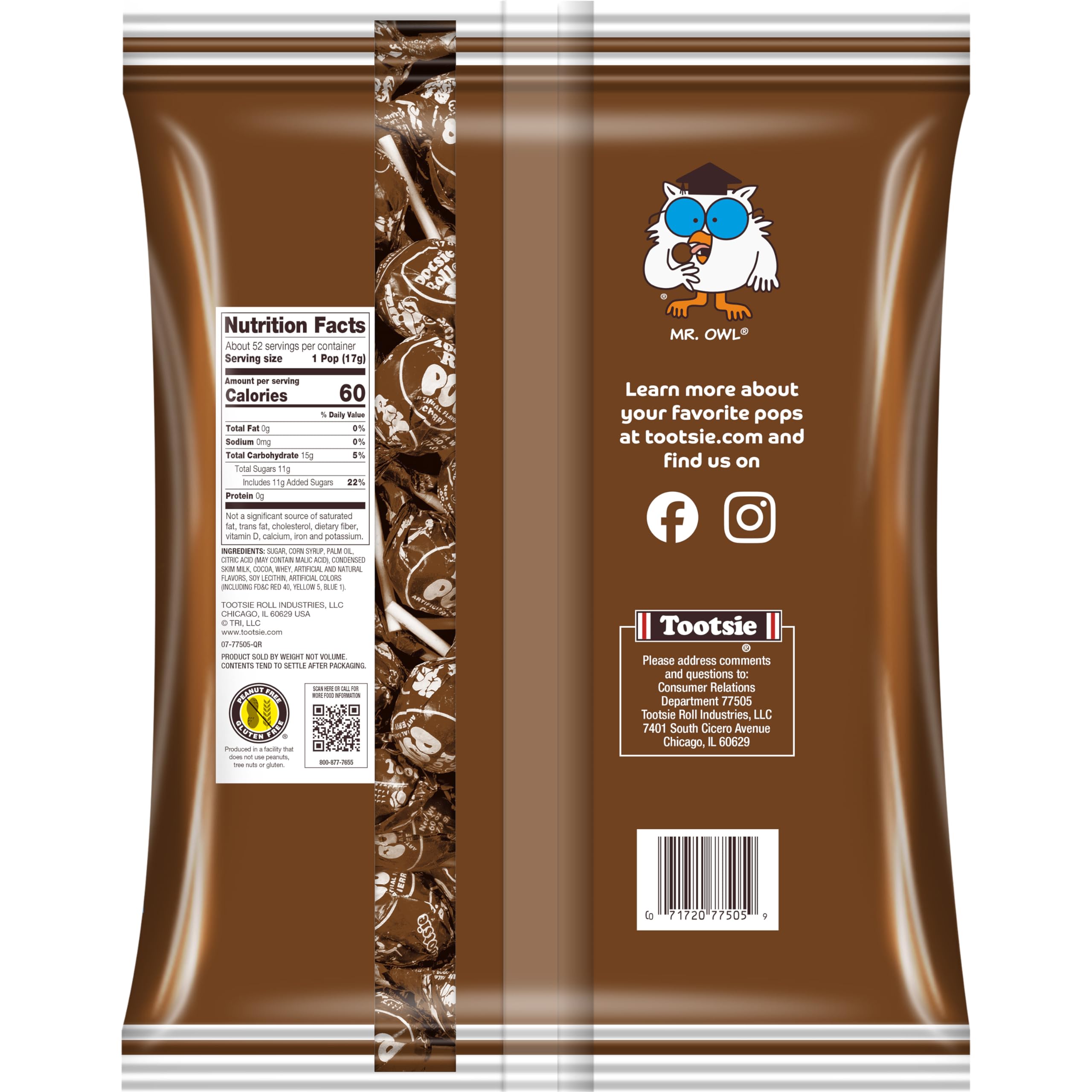 Tootsie Pops Chocolate Flavored Lollipops with Chocolatey Center - 50 Count Individually Wrapped Hard Candy - Peanut Free, Gluten Free Brown Candy - Perfect for Halloween Treats, Party Favors & Office Snacks