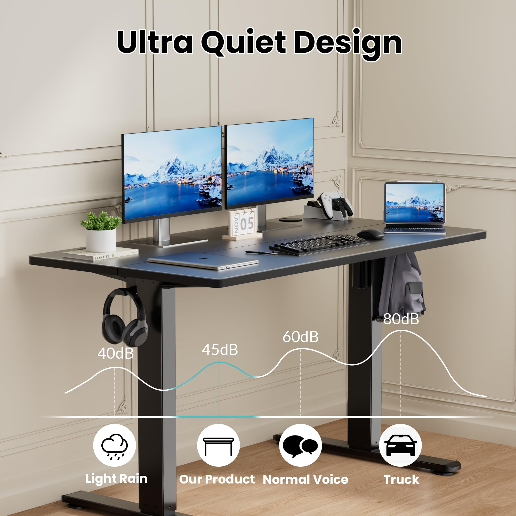 Adjustable Electric Standing Desk 48 x 24 Inches - Memory Height Sit Stand Desk for Home Office with Hook, Black | Ergonomic Workspace Solution for Productivity & Comfort