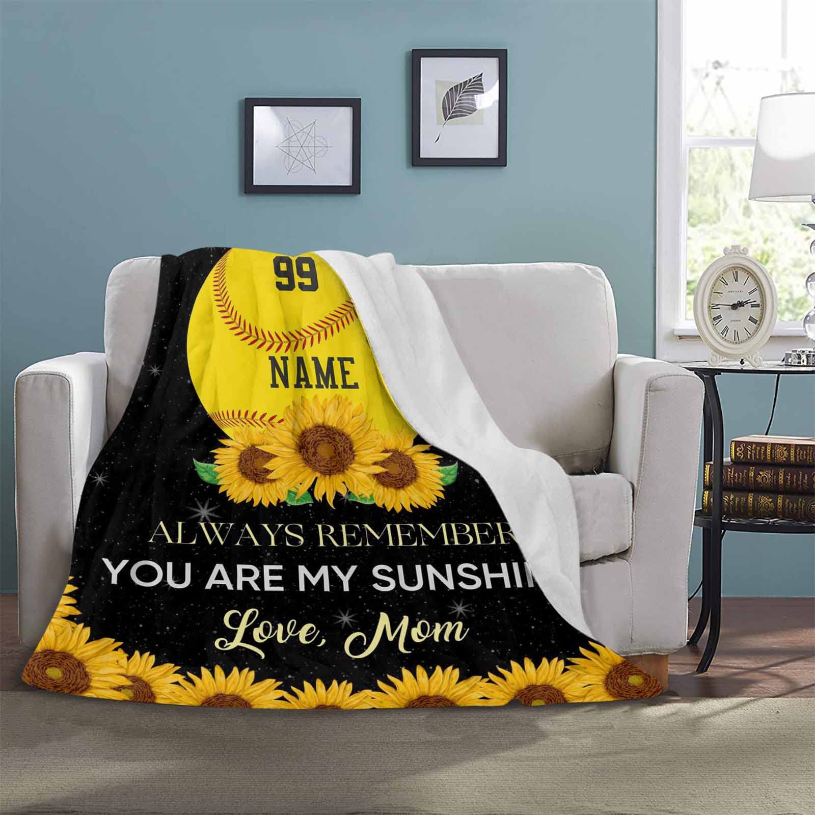 Custom Softball Blanket with Name & Number - Personalized Sunflower Softball Throw for Girls, Daughter, Granddaughter | Softball Gifts for Bedroom, Shower, Birthday & Sports Fans