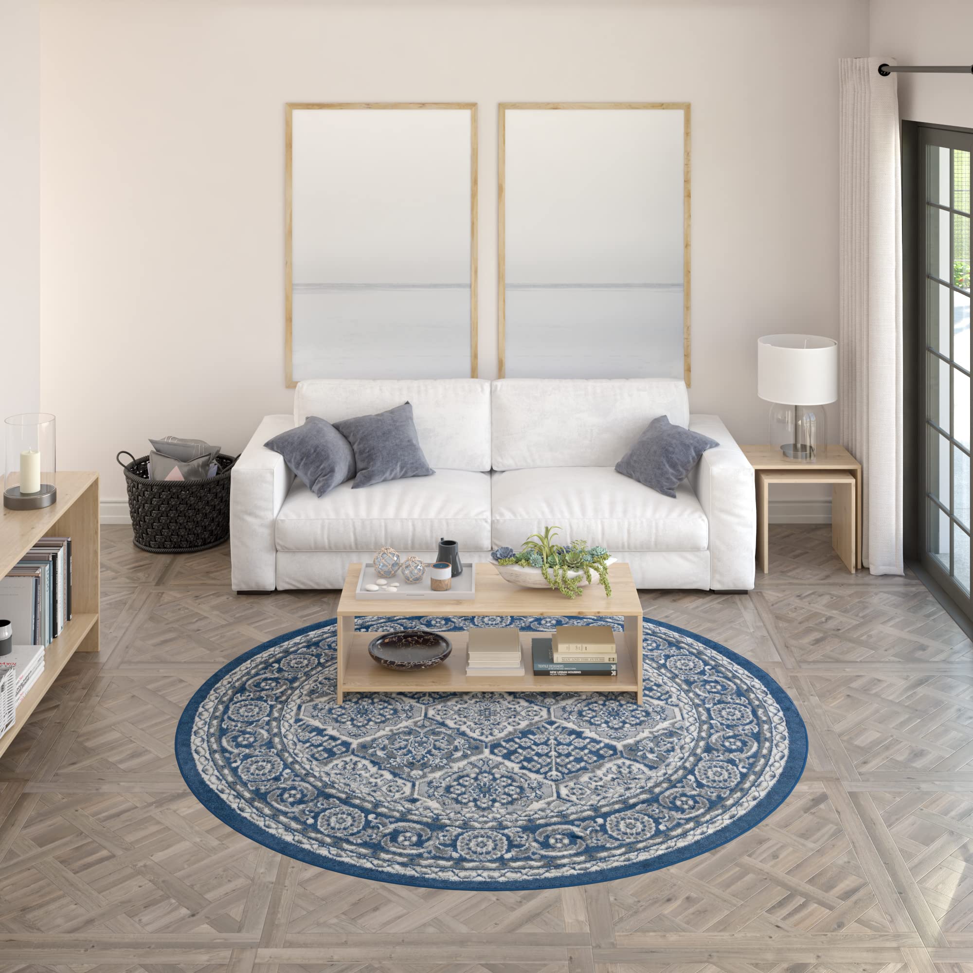 Tayse Oxnard Navy 6-Foot Round Area Rug - Traditional Oriental Blue Carpet for Living Room, Bedroom & Dining Room - Soft 5'3