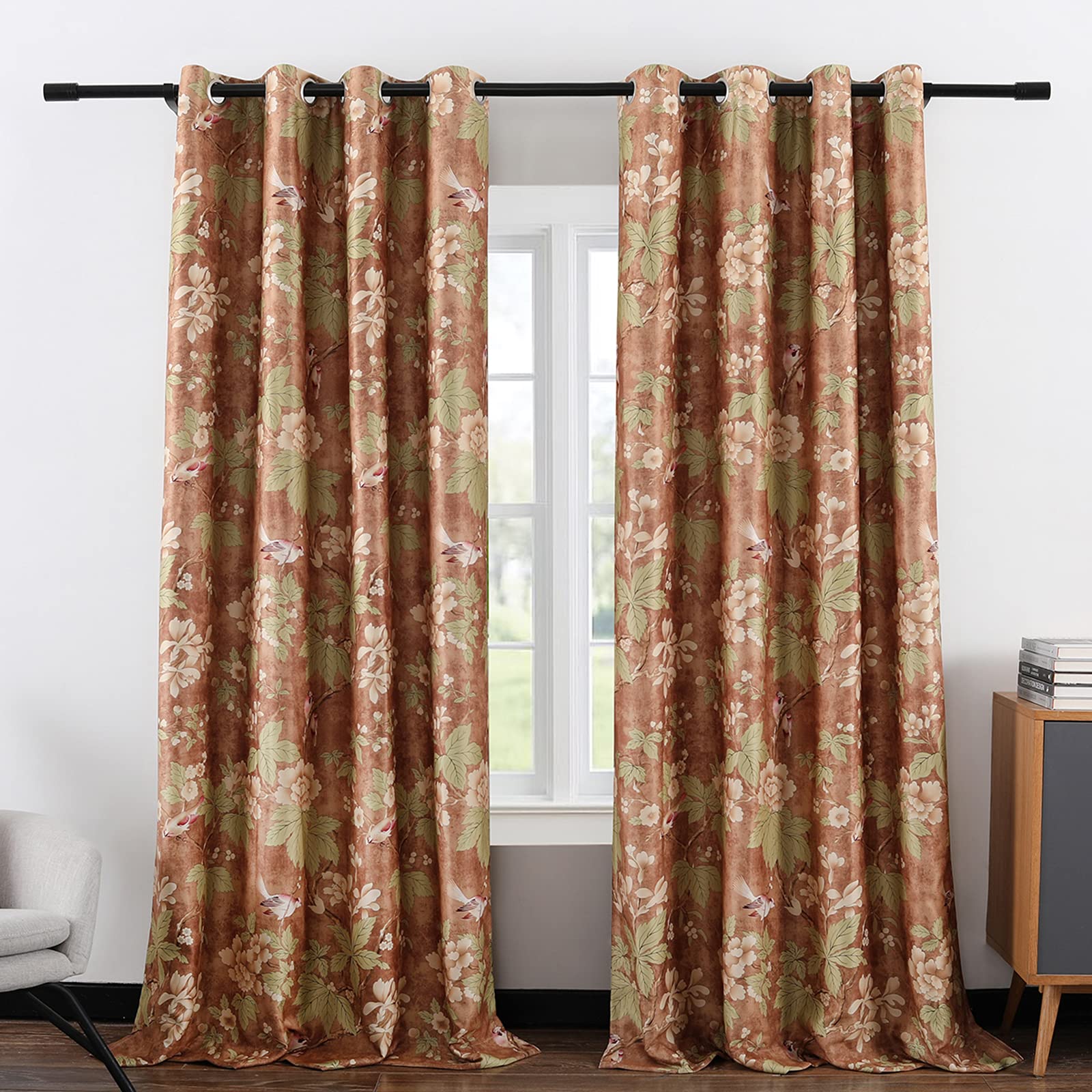 VOGOL 106 Inch Thermal Insulated Floral Print Curtains - Blackout Window Drapes for Bedroom & Living Room (2 Panels) | Perfect for Sliding Doors & Large Windows - Creates Cozy & Elegant Atmosphere