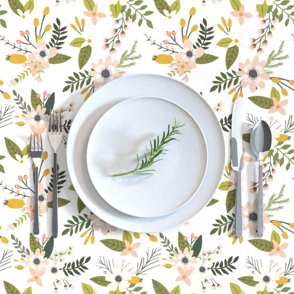 Custom Printed Spoonflower Cotton Sateen Tablecloth 70x144 Inches - Floral Boho Design with Pink & Green Flowers for Dining, Wedding, Nursery Decor | Summer Table Linens for Parties & Home Decor