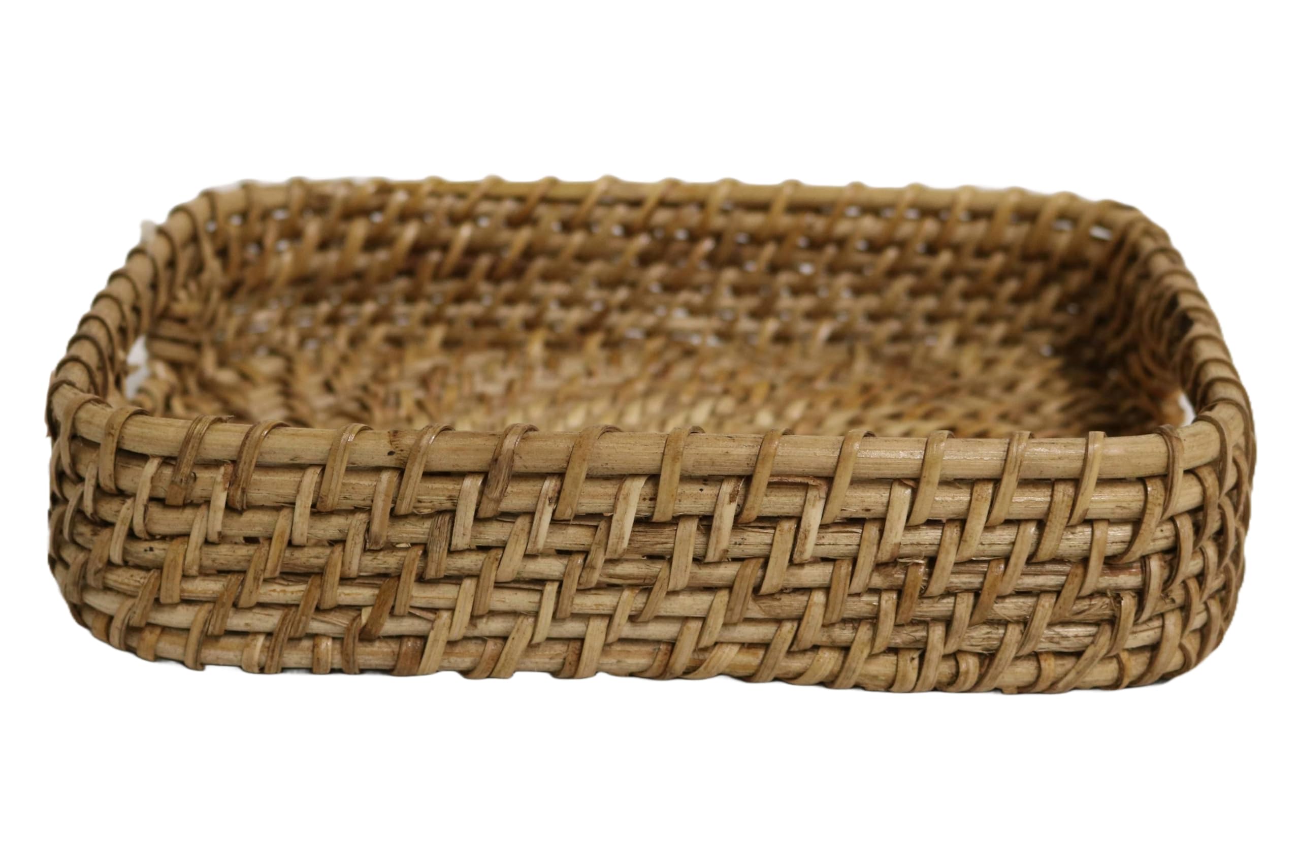 Home&Manor 9 Inch Rattan Rectangle Serving Tray - Natural Woven Basket for Breakfast in Bed, Coffee Table Decor, Bathroom Organization