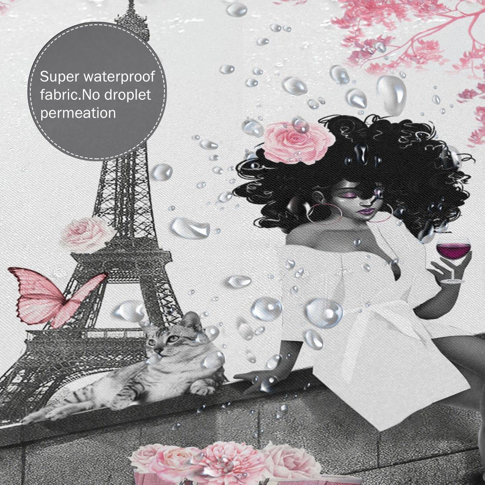 African American Shower Curtain - Stylish Black Woman & Eiffel Tower Design, Grey & Pink Waterproof Polyester Fabric Bath Curtain with Hooks, 66x72 Inches - Perfect for Modern Bathroom Decor & African American Home Aesthetics