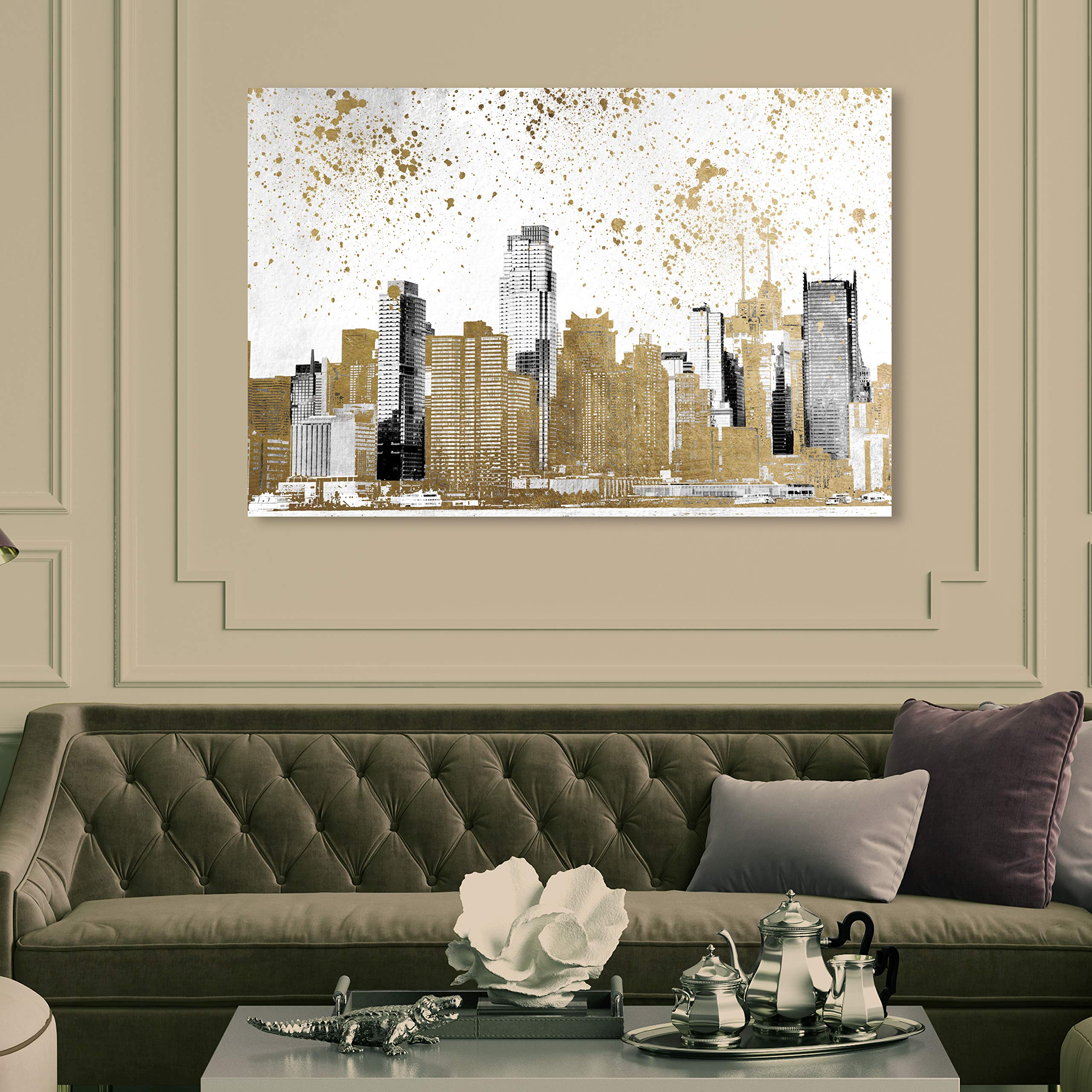 Oliver Gal Artist Co. Gray Skyline Canvas Wall Art Print - 45x30 Inches, Gold & White Framed Home Decor for Living Room, Bedroom & Office