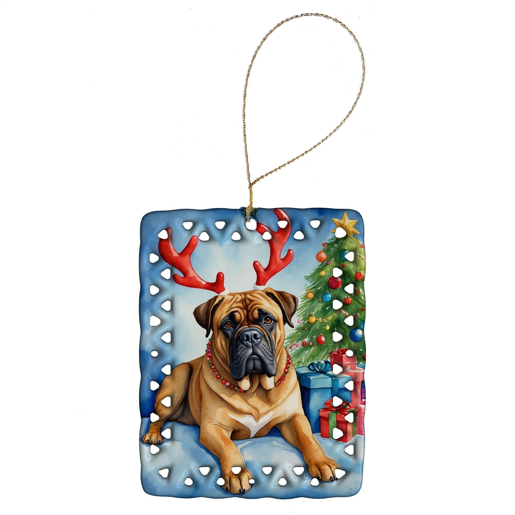 Bullmastiff Christmas Reindeer Porcelain Ornament - Handmade Holiday Tree Hanging Decor for Home, Rectangle Shape Multicolor Gift - Perfect for Christmas Tree Decorating, Holiday Parties & Festive Home Decor