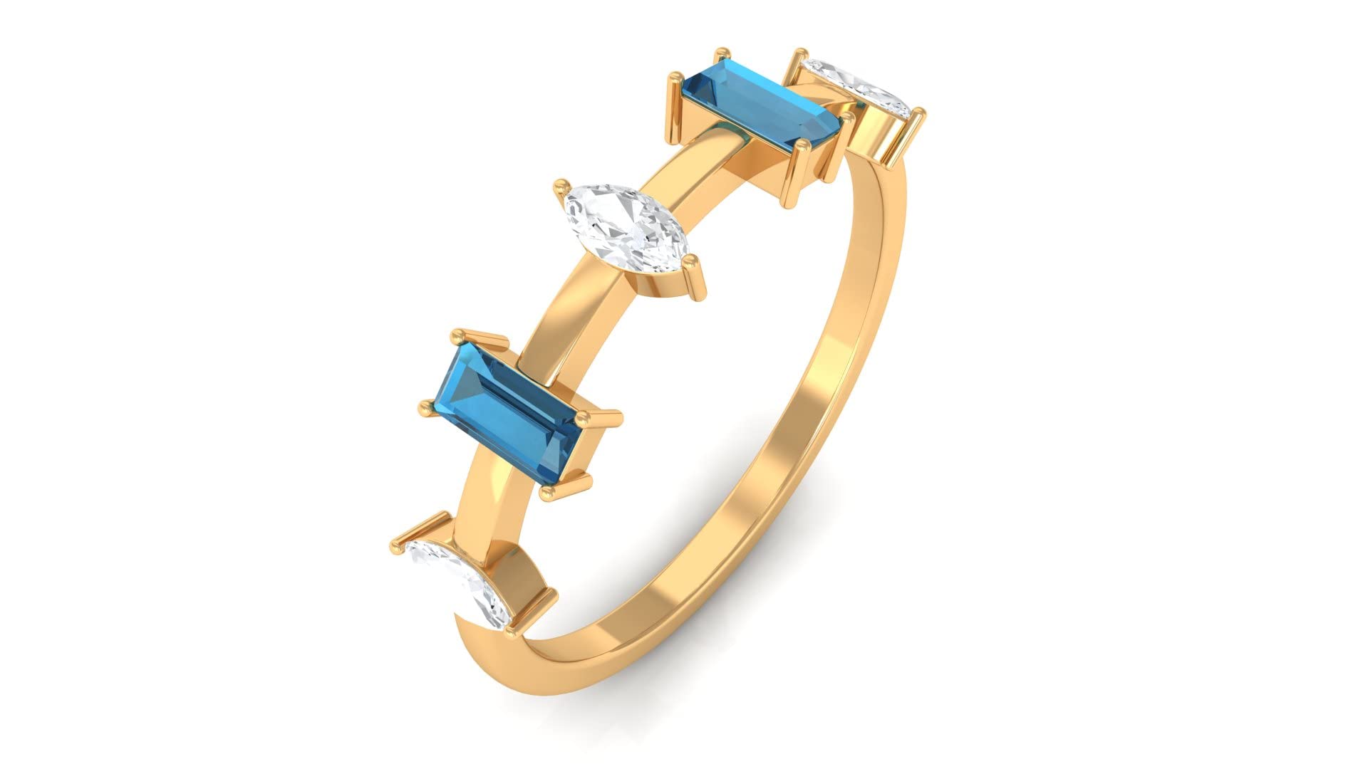 14K Solid Gold London Blue Topaz Half Eternity Band with Moissanite - Baguette Cut Blue Topaz Ring (1/2 CT) - Perfect for Engagement, Anniversary & Special Occasion Jewelry Gift