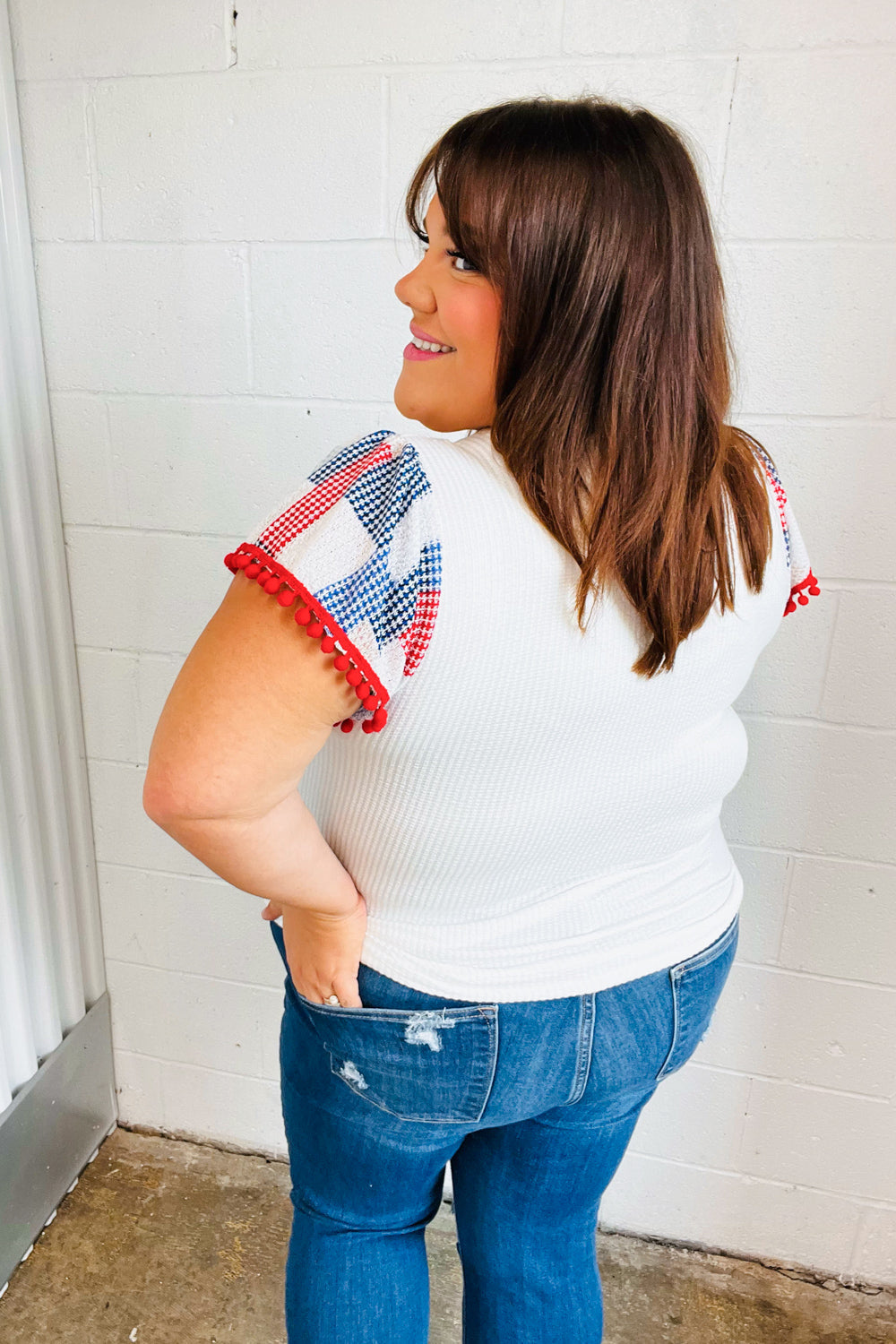 Patriotic Pom Pom Lace Flutter Sleeve Top - Women's Red White Blue Ruffled Blouse for 4th of July, Independence Day & Summer Parties