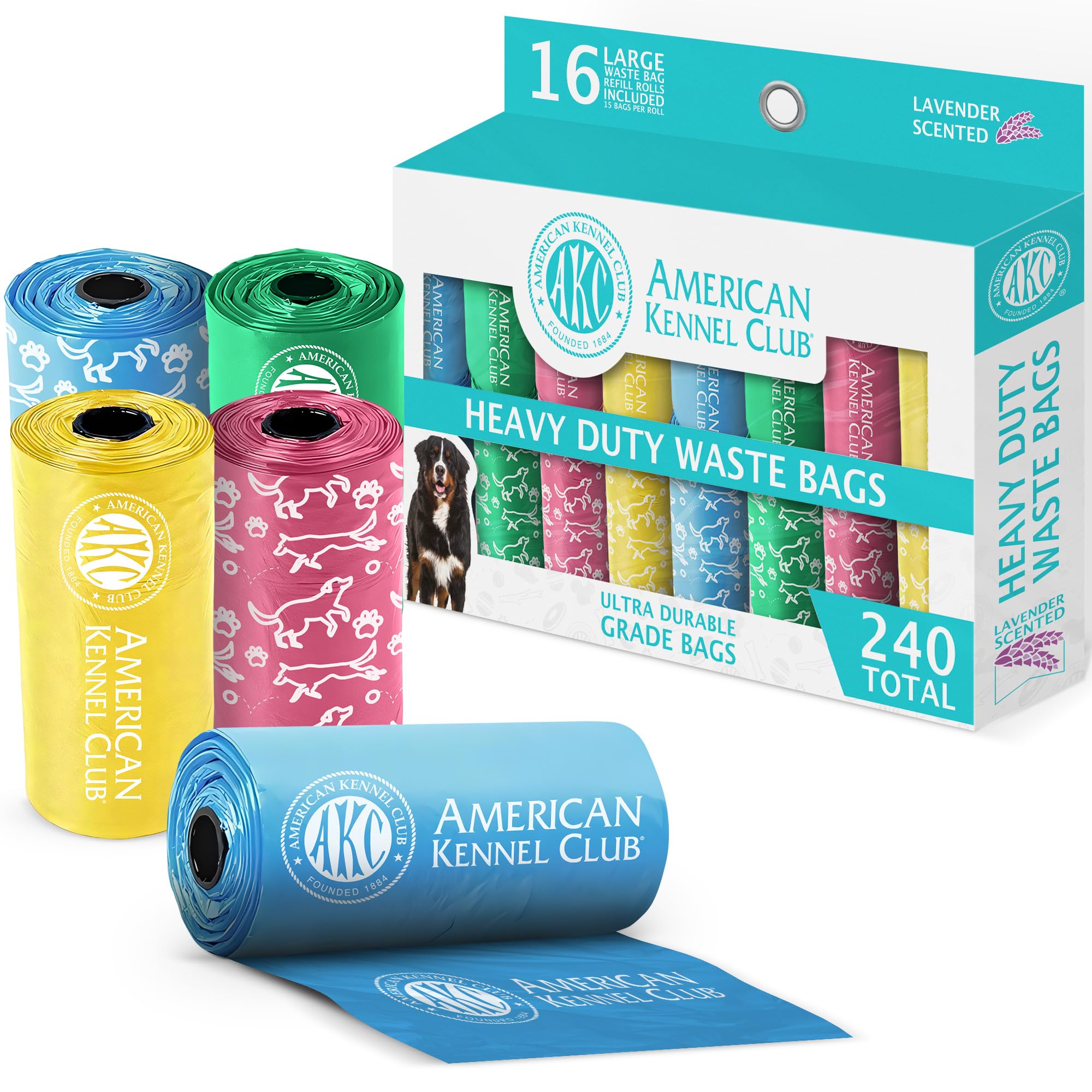 AKC Dog Poop Bags - 240 Count Leak Proof Pet Waste Bags with Lavender Scent - 16 Refill Rolls for Dogs & Puppies (Puppy Print) - Perfect for Park Walks, Backyard Cleanup & Travel Use
