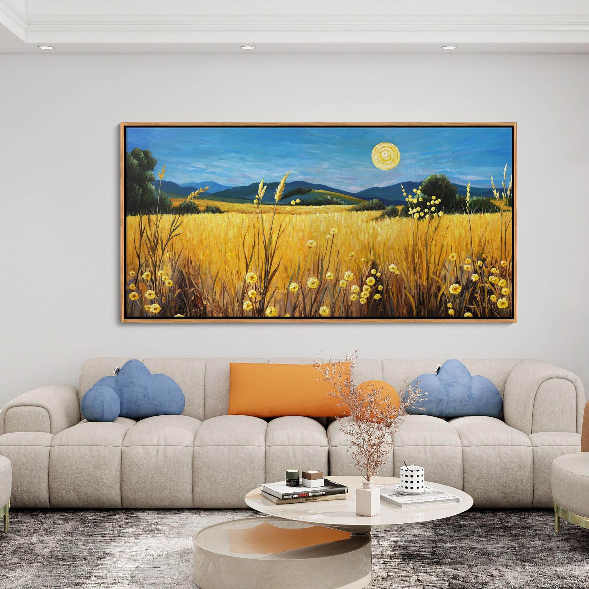 Large Yellow Moon Framed Canvas Wall Art - 29x58 Inch Nature Landscape Painting for Living Room, Bedroom, Office & Dining Room Decor | Fall-Themed Home & Commercial Wall Decor