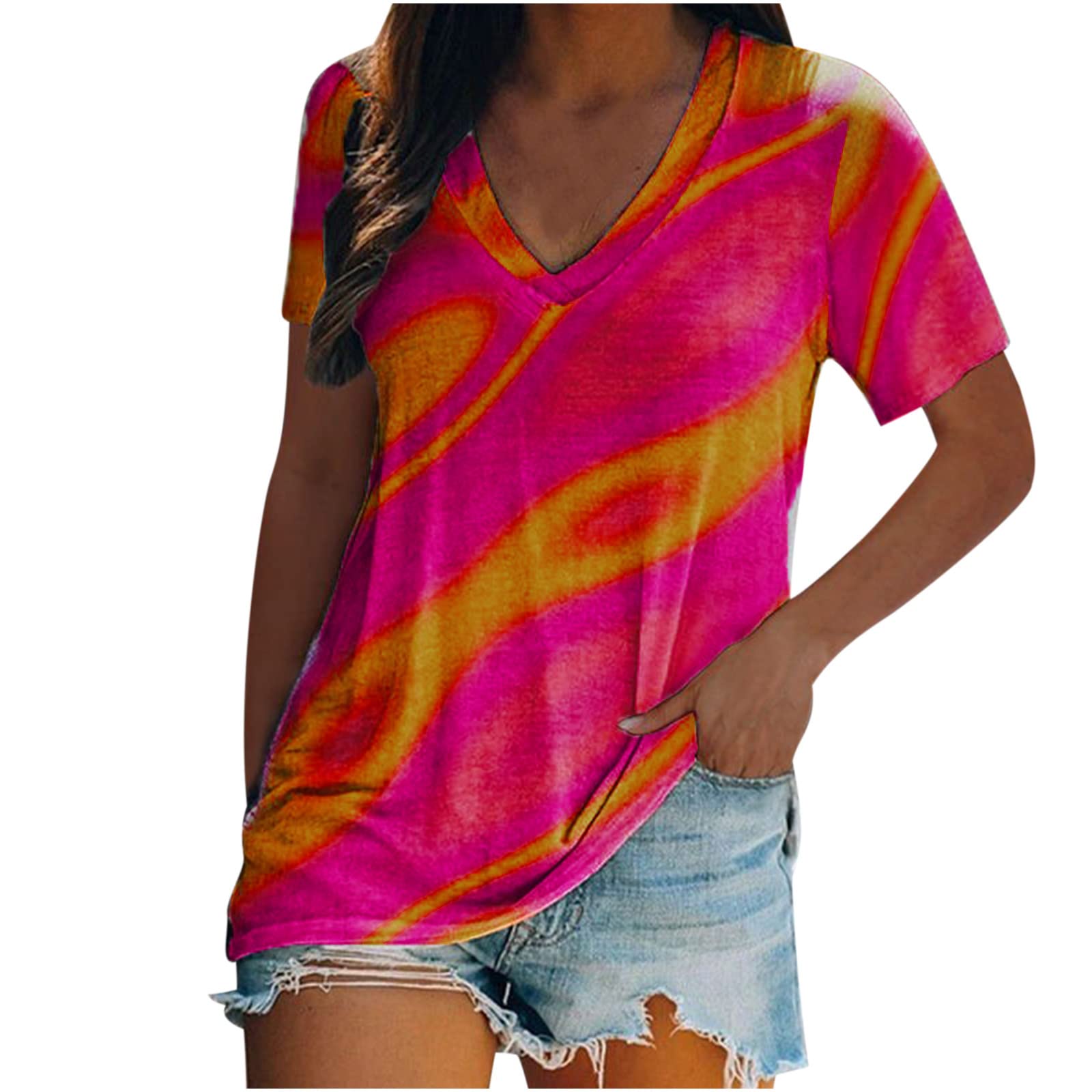 Women's Floral Short Sleeve V-Neck T-Shirt - Casual Loose Printed Tunic Blouse for Summer | Perfect for Beach Outings, Date Nights & Weekend Wear