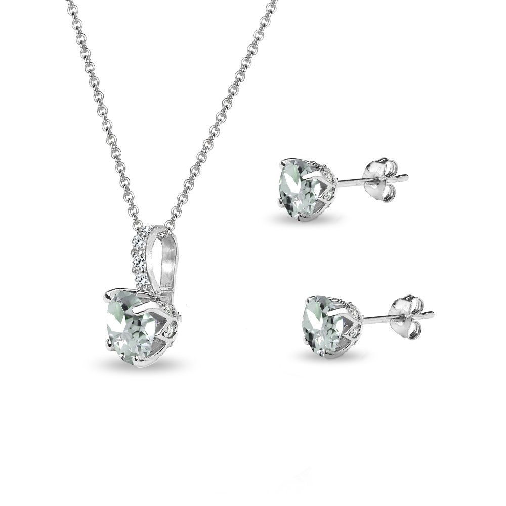 B. BRILLIANT Sterling Silver Round Crown Necklace & Stud Earrings Set with Genuine/Simulated Gemstones & White Topaz - Elegant Jewelry Gift for Women, Perfect for Weddings, Anniversaries and Special Occasions