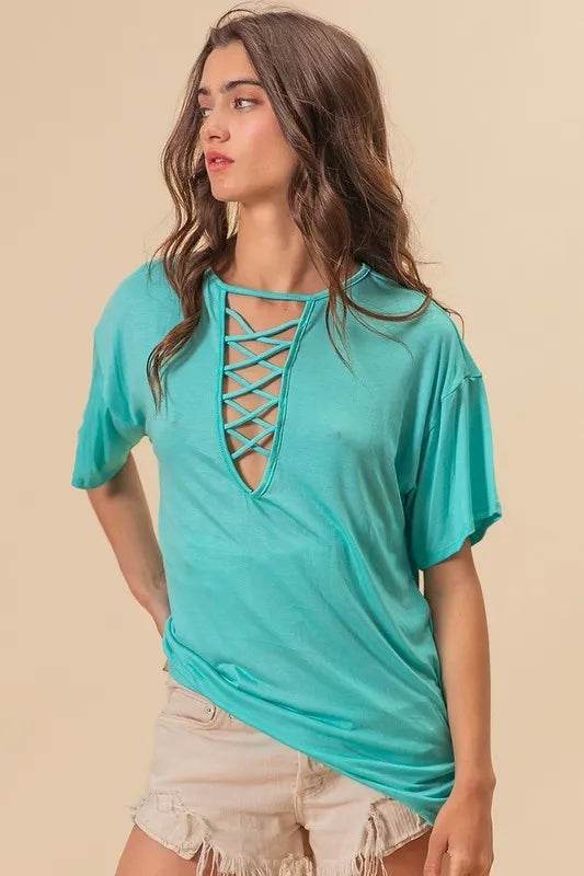 BiBi Jersey Knit Top with Criss Cross Front Neck Detail - Women's Casual V-Neck T-Shirt | Soft Stretch Fabric for Everyday Wear | Perfect for Work, Date Night & Weekend Outfits