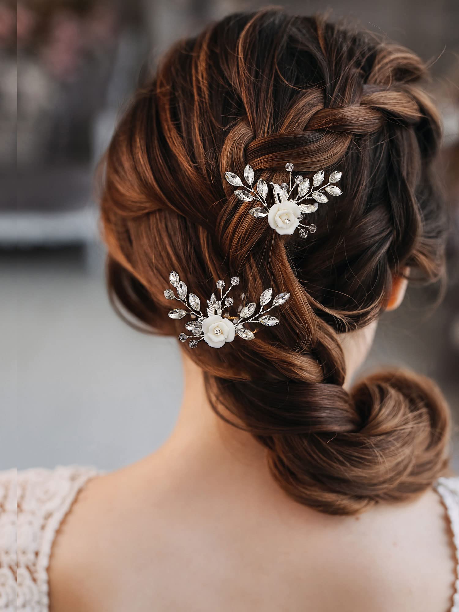 AW BRIDAL 2-Piece White Floral Hair Clips Set - Rhinestone Wedding Hair Combs & Pins for Brides, Bridesmaids & Women (Silver) | Perfect for Weddings, Proms & Special Occasions