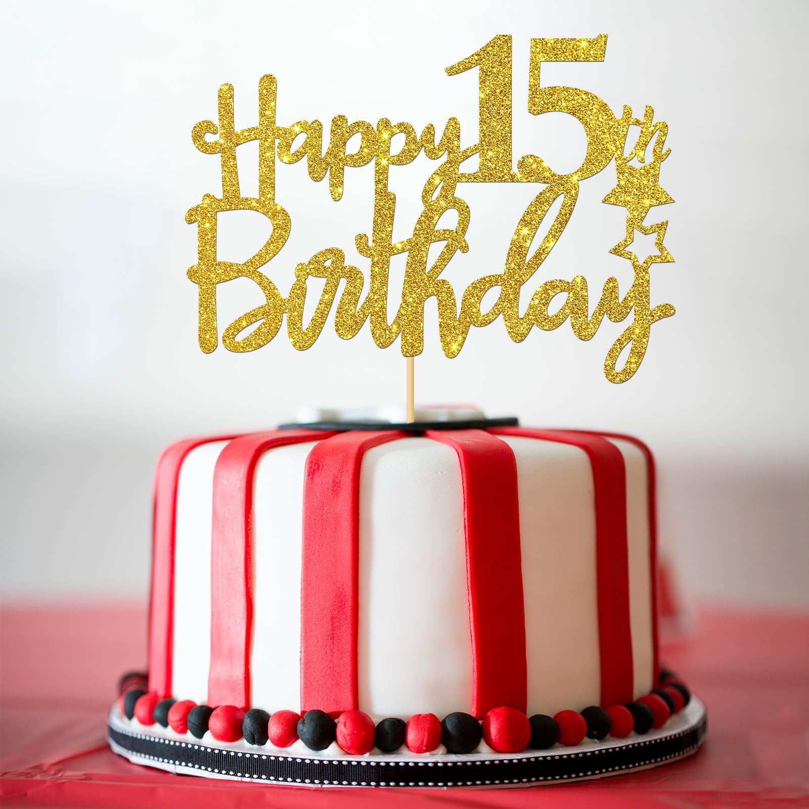 15th Birthday Cake Topper - Gold Glitter 'Happy 15th Birthday' & 'Cheers to 15 Years' Cake Decorations - Party Supplies for Sweet 16 Celebrations, Milestone Birthdays & Teen Parties