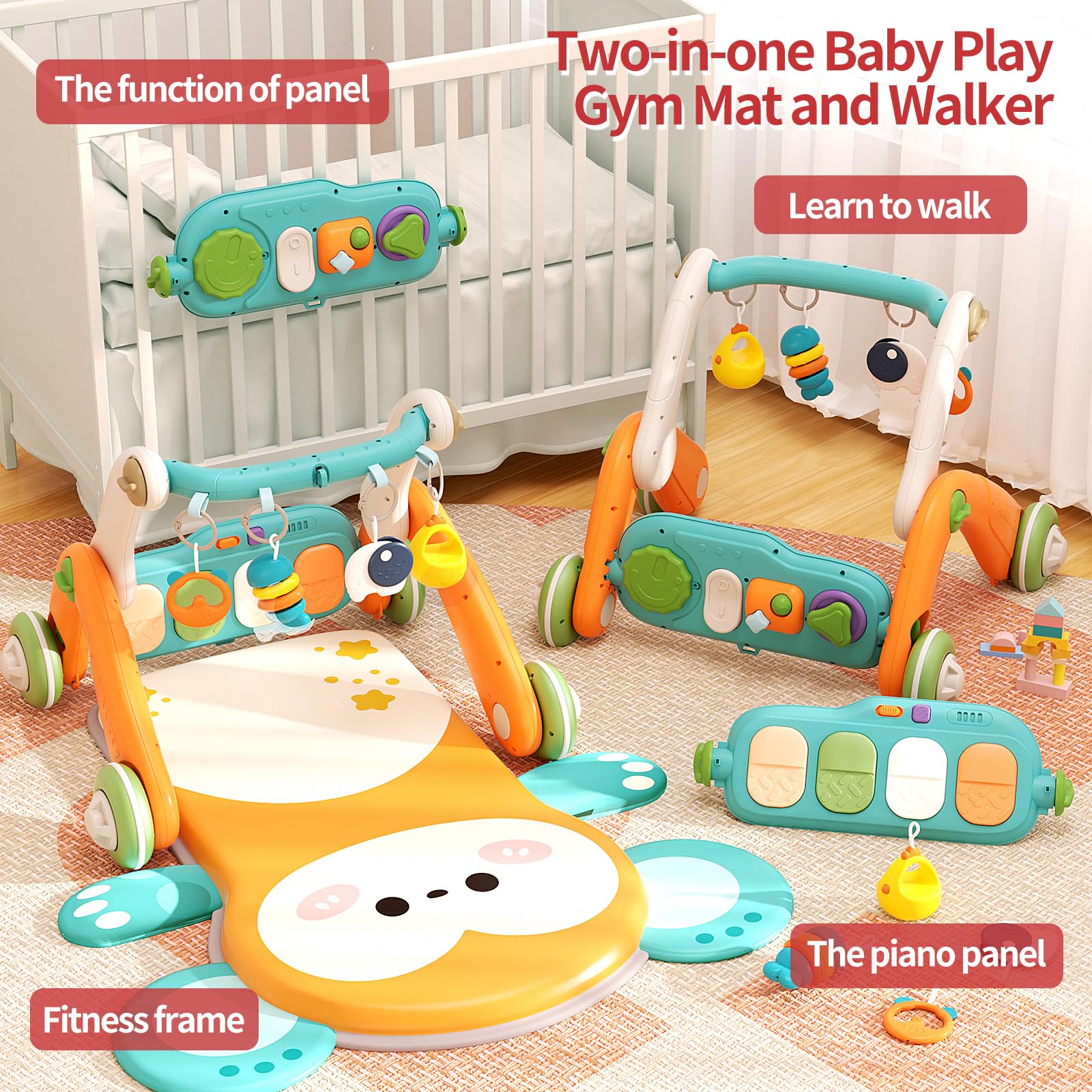 2 in 1 Baby Gym & Walker with 5 Sensory Toys - Double-Sided Play Piano Panel, Multifunctional Sit-to-Stand Learning Walker for Infants 0-24 Months (Orange) - Perfect for Tummy Time, Crawling & Early Development Play