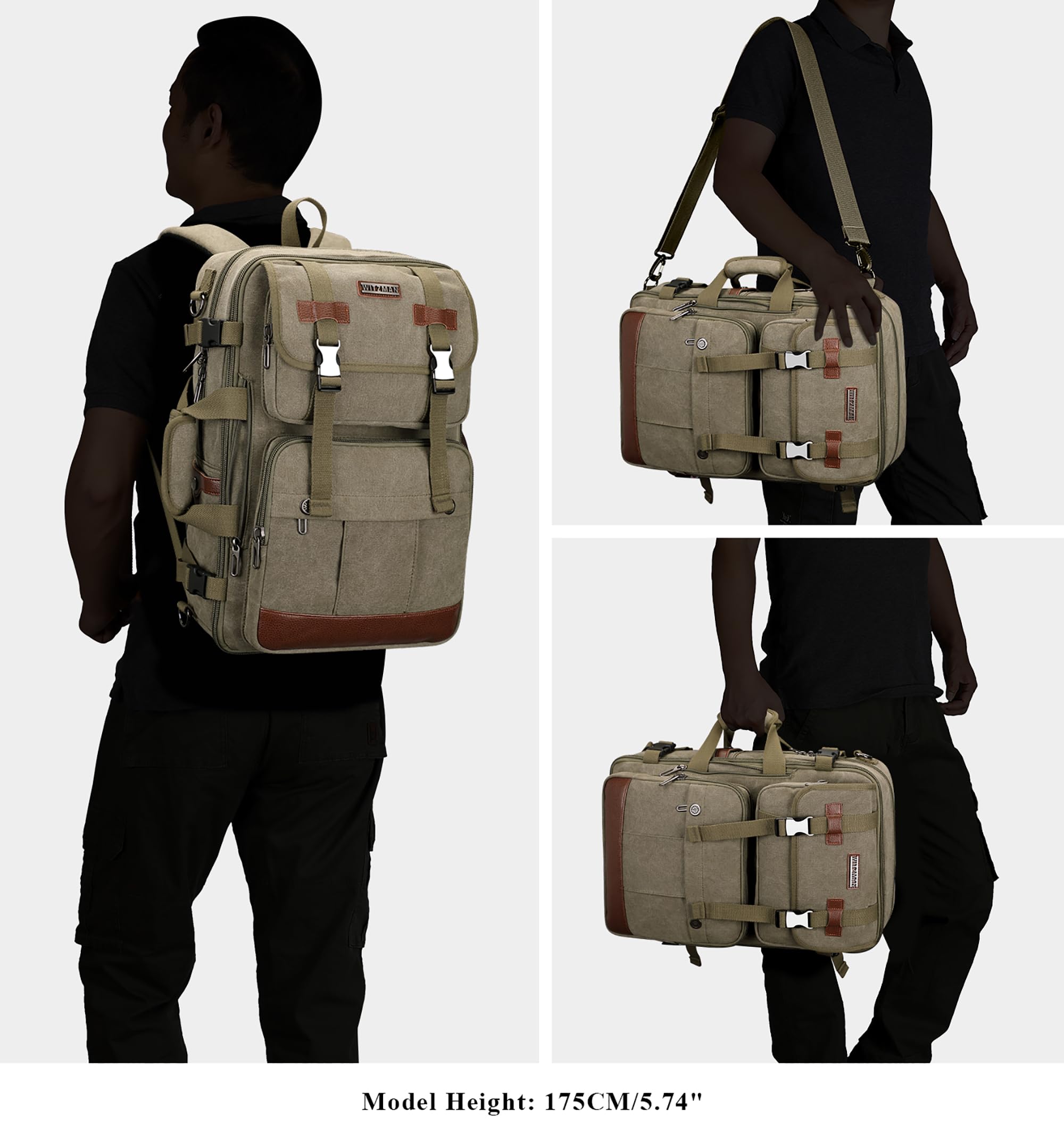 WITZMAN Men's Large Canvas Travel Backpack - 17 Inch Laptop Backpack, Airline Approved Carry-on, Convertible Shoulder Rucksack (Army Green) - Perfect for Business Trips, College & Outdoor Adventures