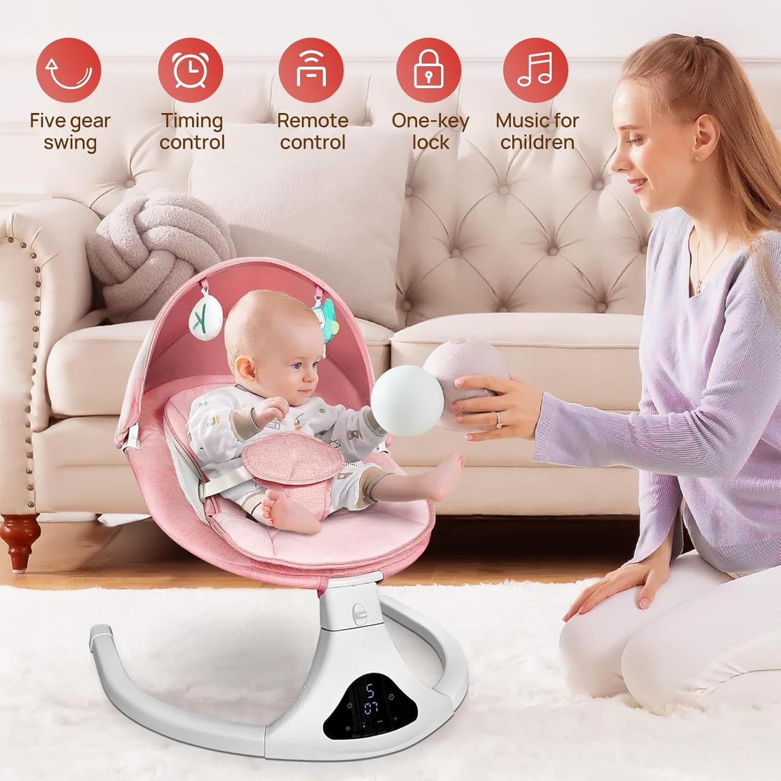 Electric Baby Swing for Infants to Toddlers | Portable Infant Rocker with Remote Control, 5 Speed Settings, 3-Point Safety Harness & 3 Adjustable Seat Positions - Perfect for Nursery, Daycare or Travel (Pink)