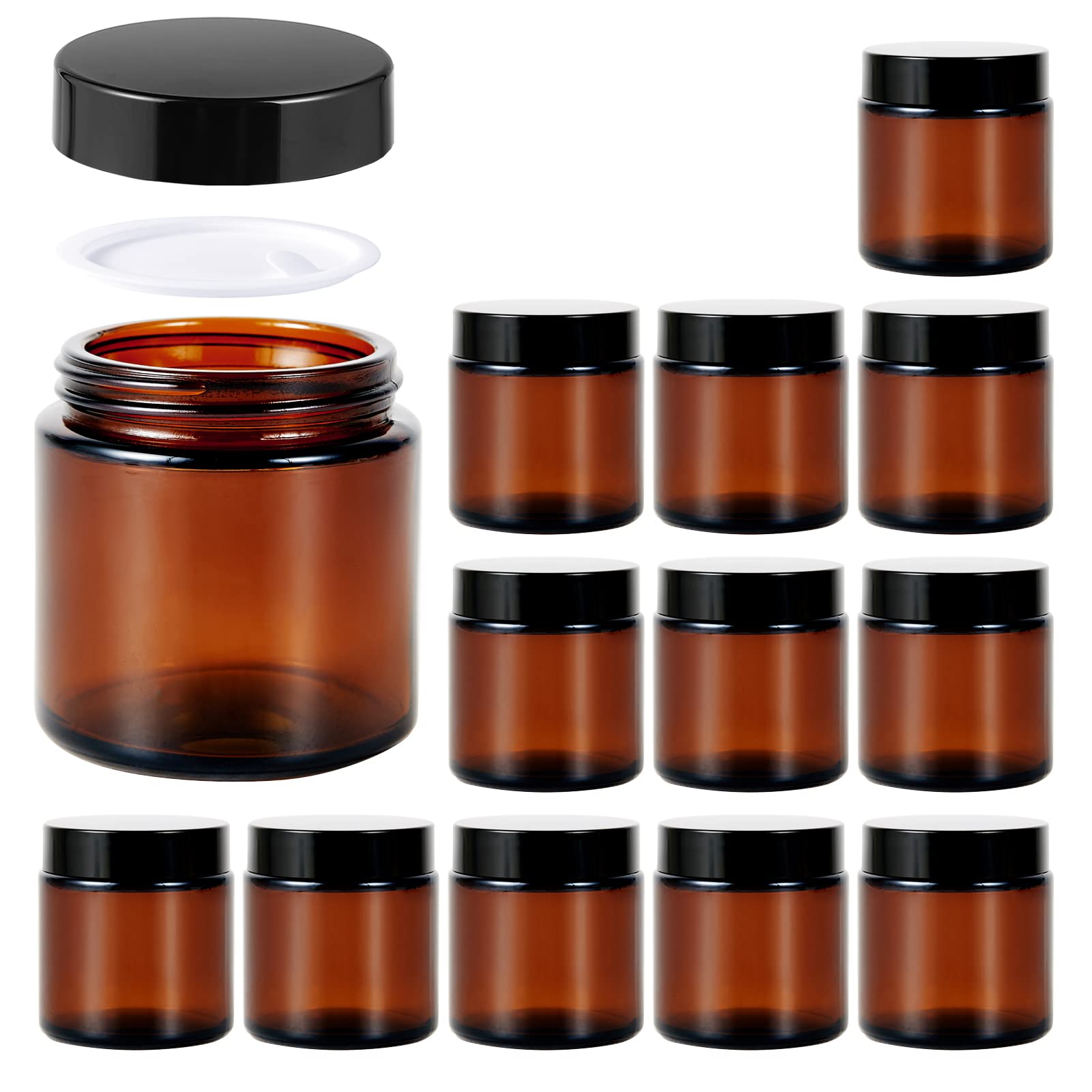 12 Pack 4oz Amber Glass Jars with Black Lids - Airtight Cosmetic Containers with Inner Liners for Storing Lotions, Creams, Powders & Ointments - Perfect for DIY Skincare, Essential Oils & Herbal Remedies