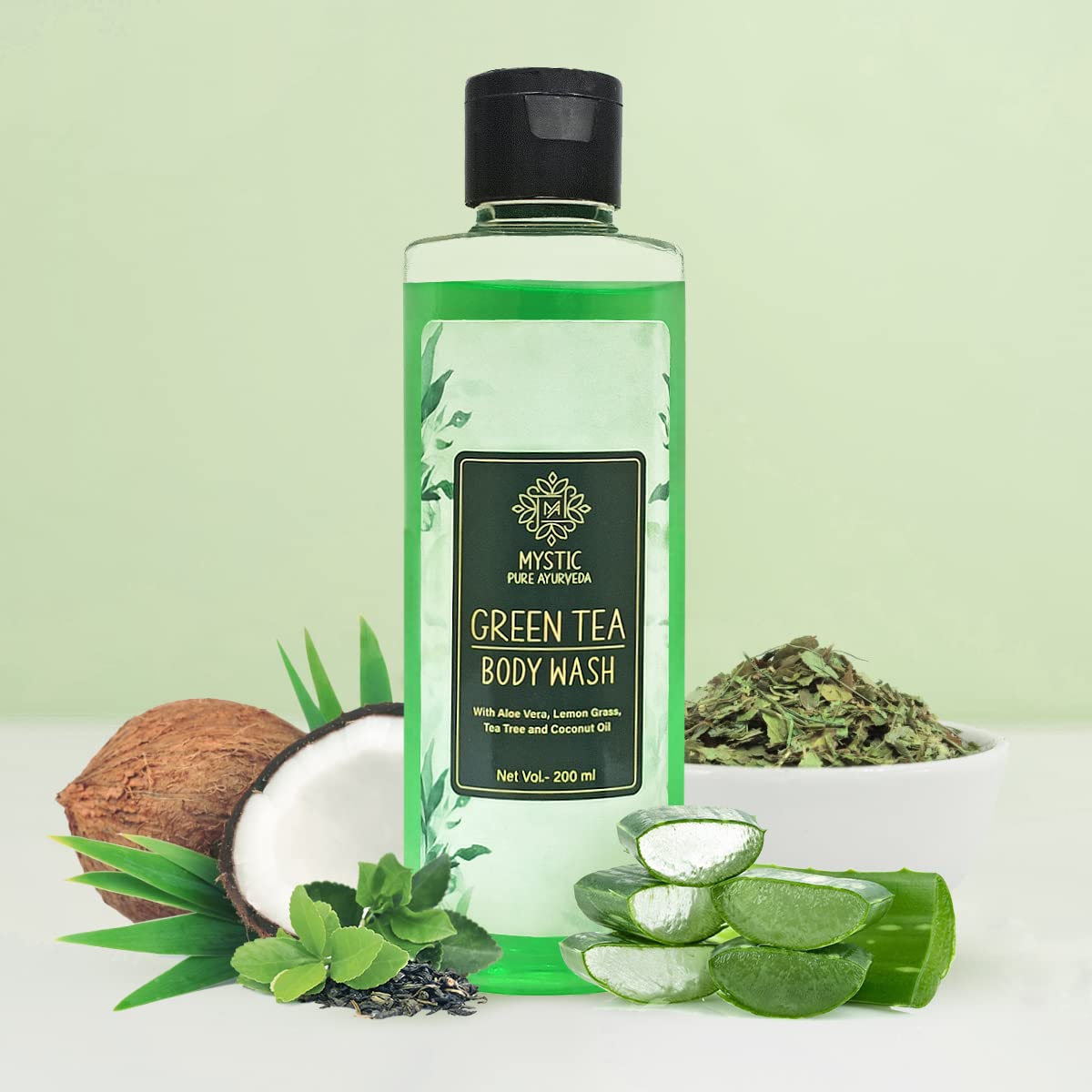 Mystic Pure Ayurveda Green Tea & Lemongrass Body Wash - Skin Purification & Hydration with Tea Tree & Coconut Oil (13.5 fl oz) | Refreshing Daily Shower Gel for Dry & Sensitive Skin