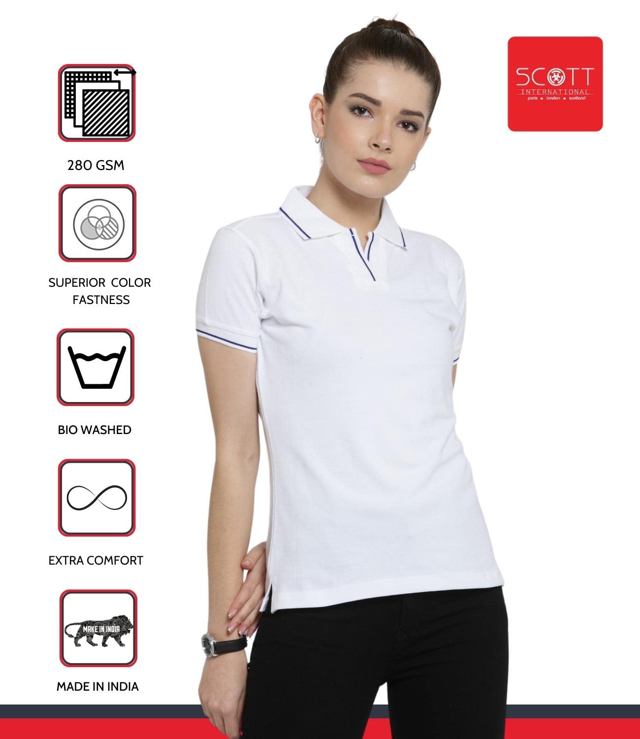 Scott International Women's 100% Organic Cotton Polo Shirt - Classic Collar, Regular Fit, Half Sleeve T-Shirt for Women | Breathable & Comfortable Casual Wear | Perfect for Office, Golf, and Everyday Outfits (White, XS)