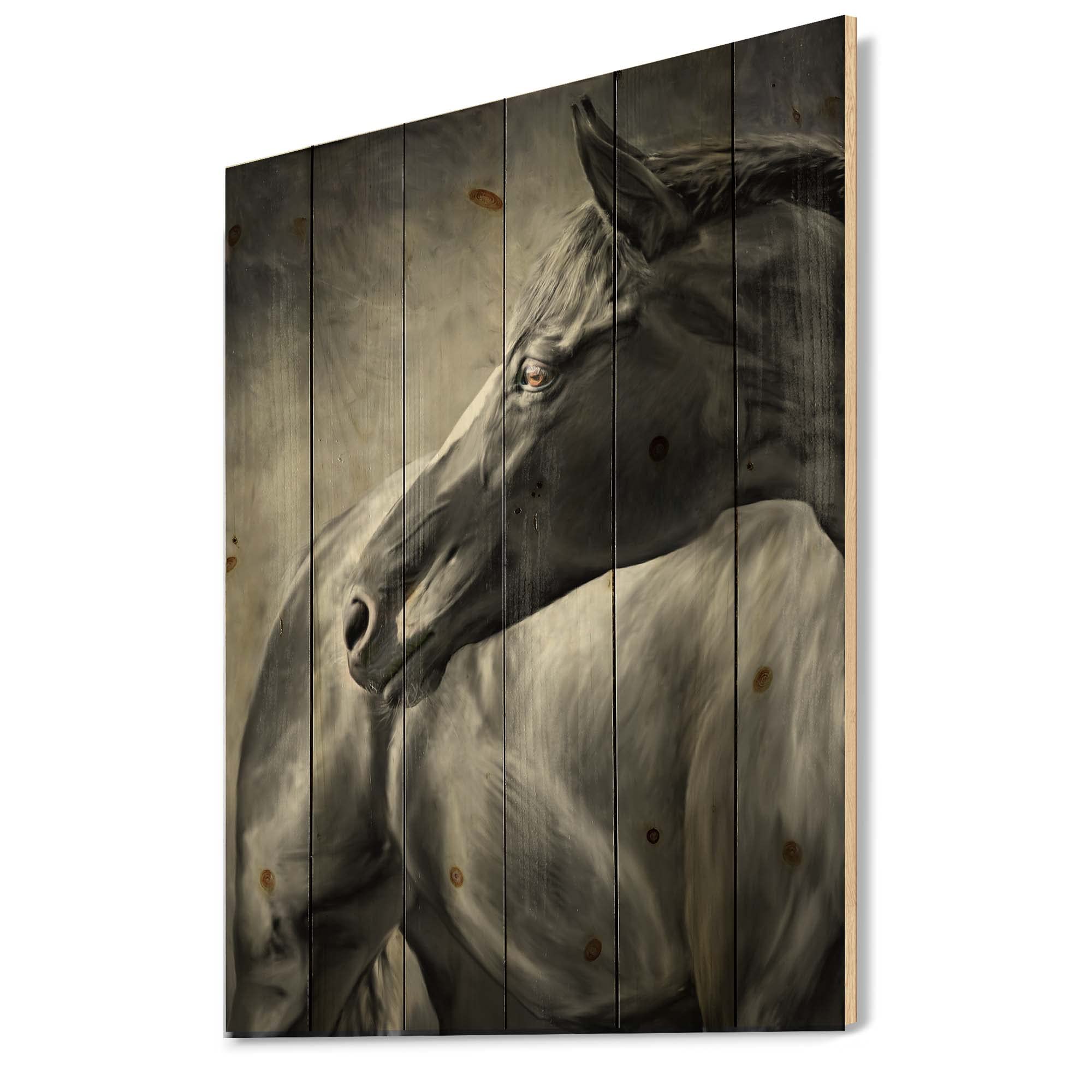 DesignQ Black Horse Portrait Farmhouse Wood Wall Decor - Large Animal Wall Art Panel Printed on Natural Pine Wood - Perfect for Living Room, Bedroom & Rustic Home Decor