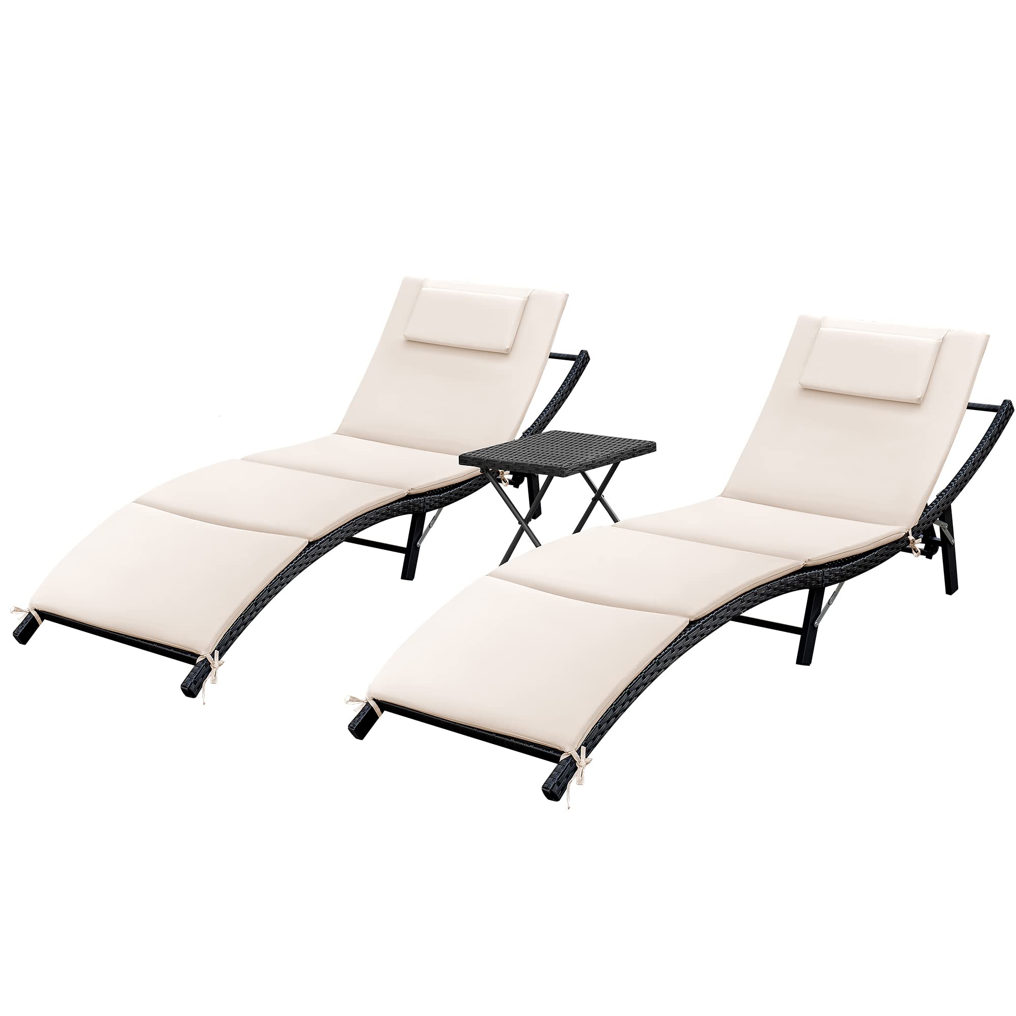 GUNJI 3-Piece Outdoor Patio Lounge Chair Set - Adjustable Wicker Rattan Chaise Lounge with Side Table - Foldable for Poolside, Deck, Lawn, Garden & Backyard (Beige) - Perfect for Relaxing, Sunbathing & Outdoor Entertaining