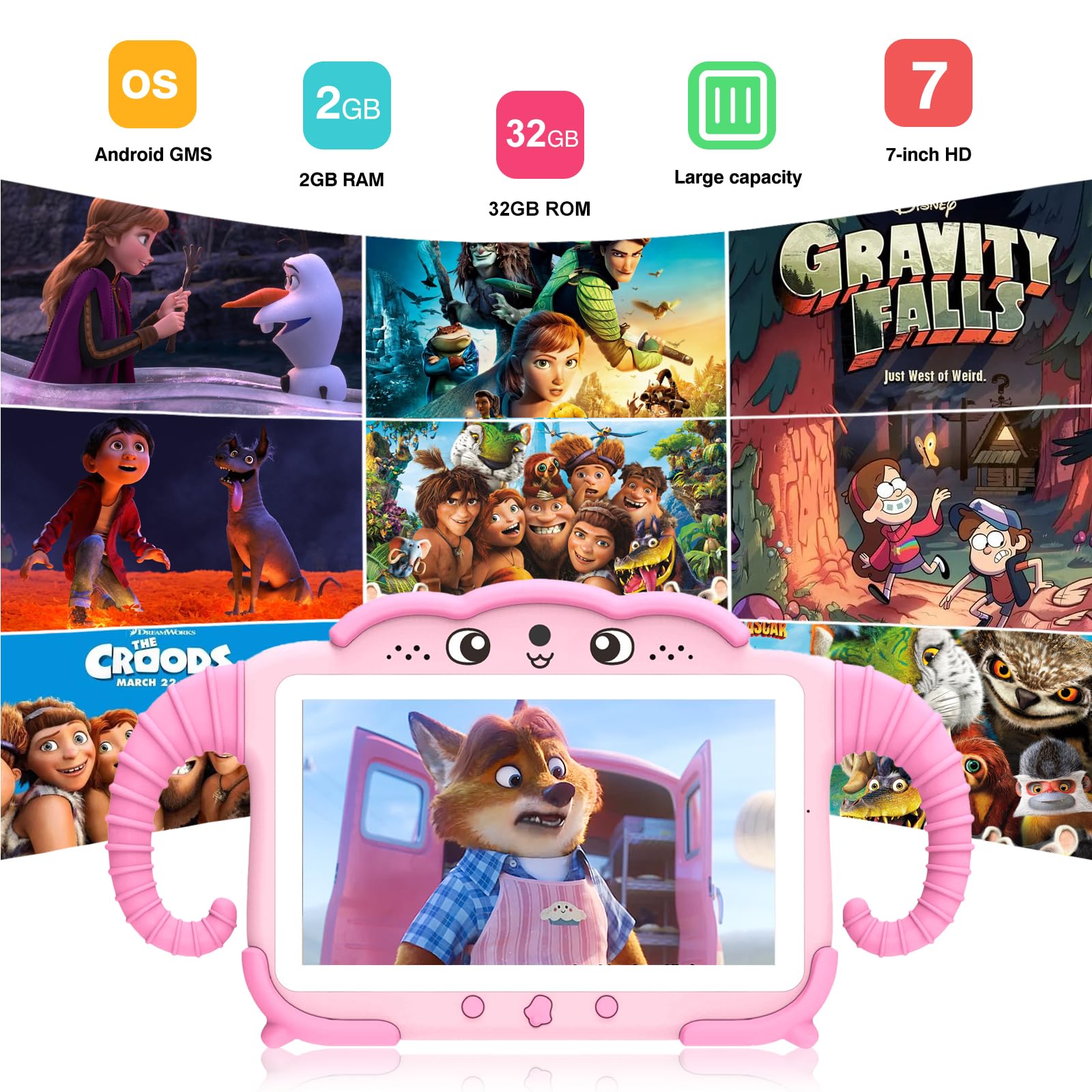7IN Kids Tablet 32GB - Android Learning Tablet for Toddlers & Children with Educational Games, HD IPS Screen & Parental Controls - Perfect for Homeschooling & Early Learning (Pink)
