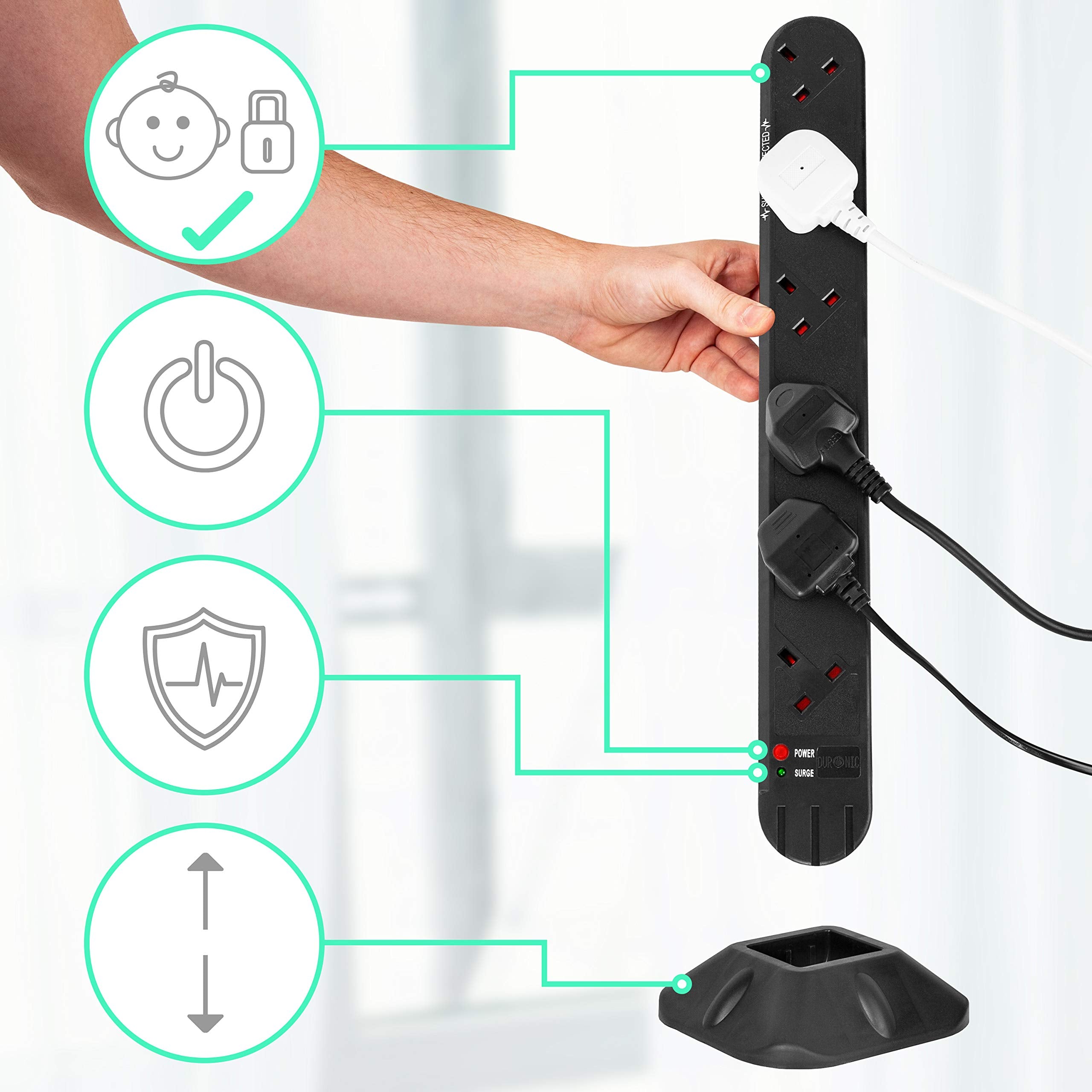 Duronic 12 Way Surge Protected Extension Lead with UK Plugs | Multiplug Adapter Tower with Spike Protection | Long Black Power Cord for Home & Office Use