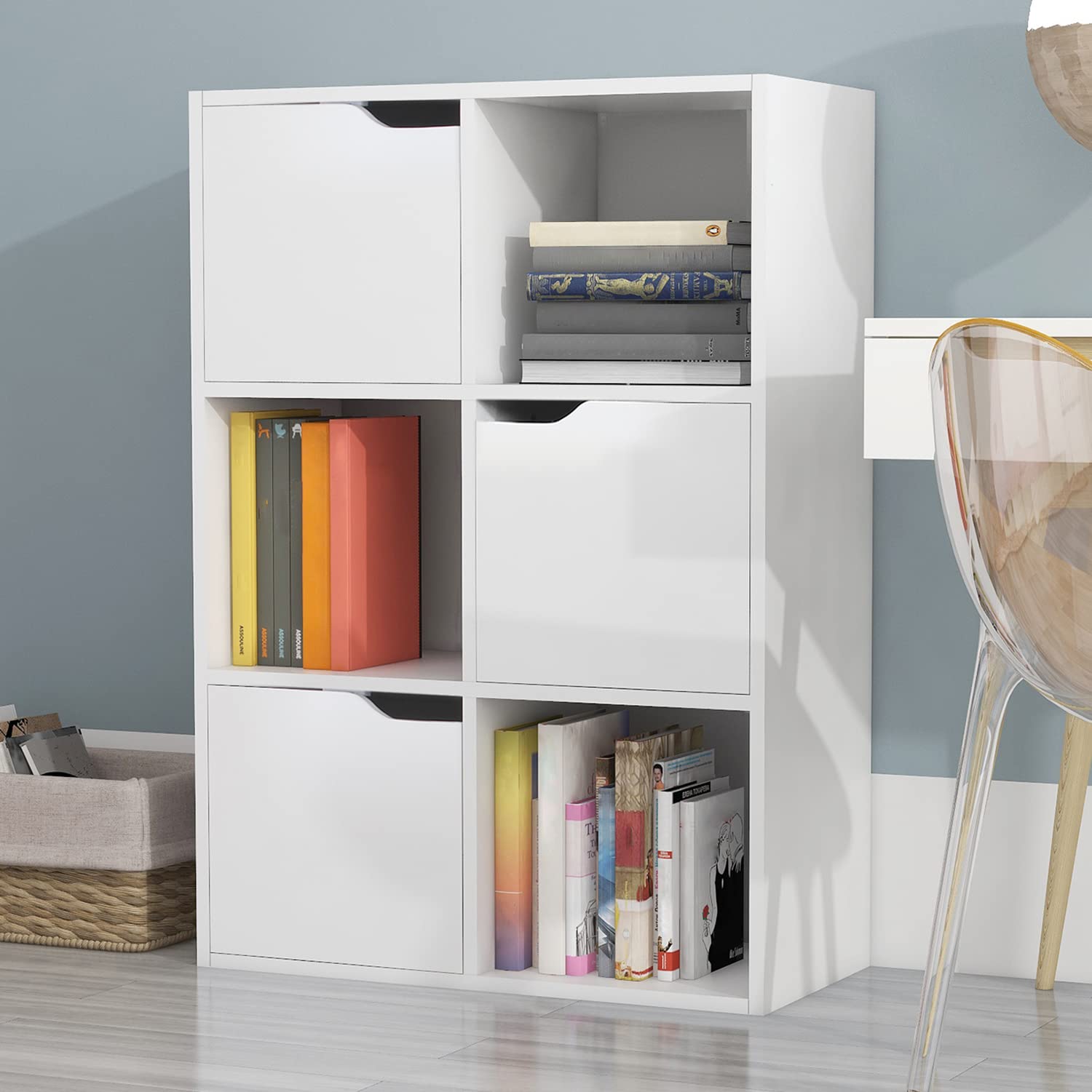 6-Cube Storage Bookcase with 3 Cabinets & 3 Open Shelves - 3-Tier Organizer Bookshelf for Living Room, Bedroom, Office, Study & Library - White - Perfect for Home Organization, Book Display & Decorative Storage