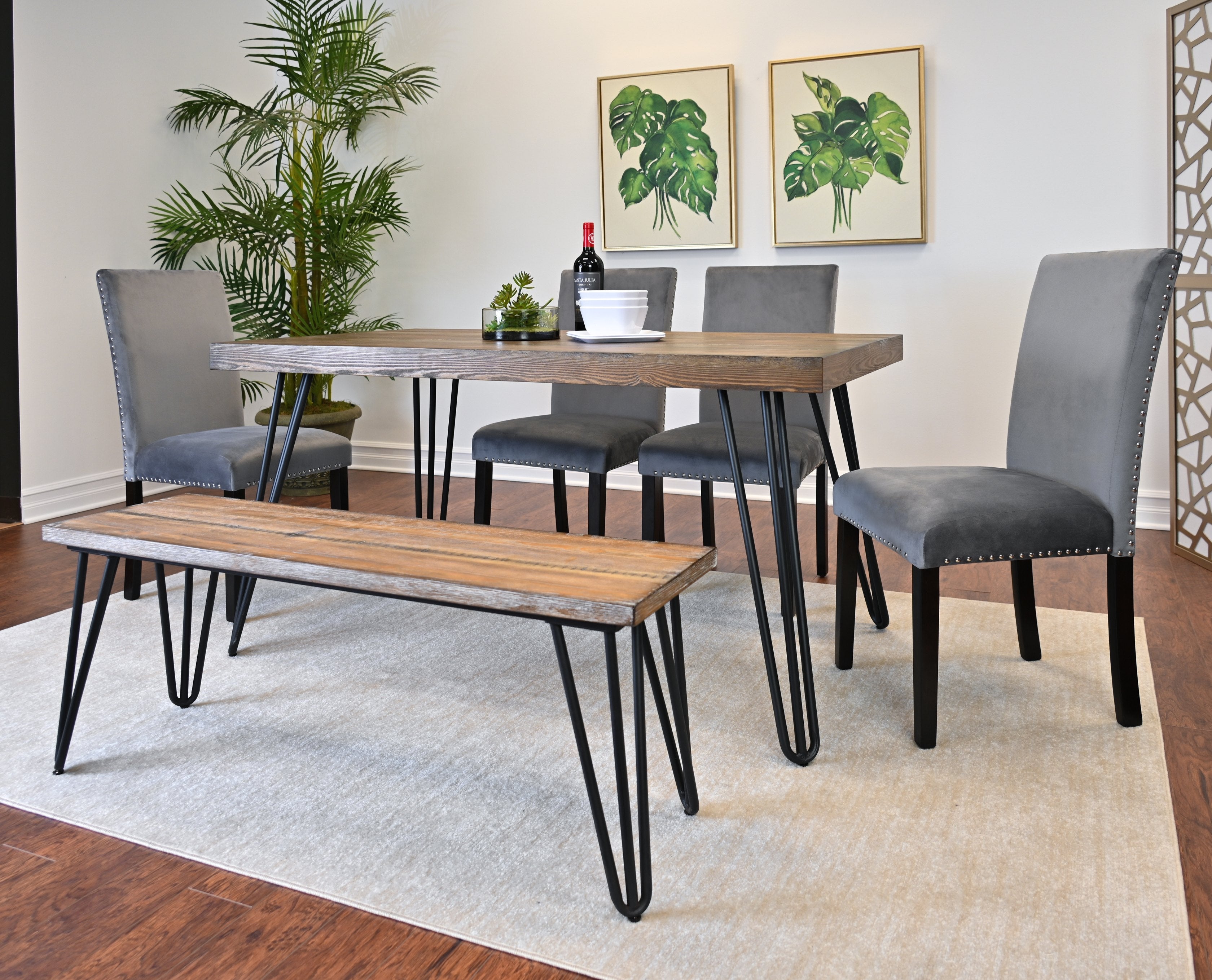 Roundhill Furniture Ashzo 6-Piece Dining Set with Hairpin Leg Table, 4 Chairs & Bench - Modern Kitchen & Dining Room Furniture for Small Spaces | Perfect for Breakfast Nook, Apartment Dining, and Entertaining Guests