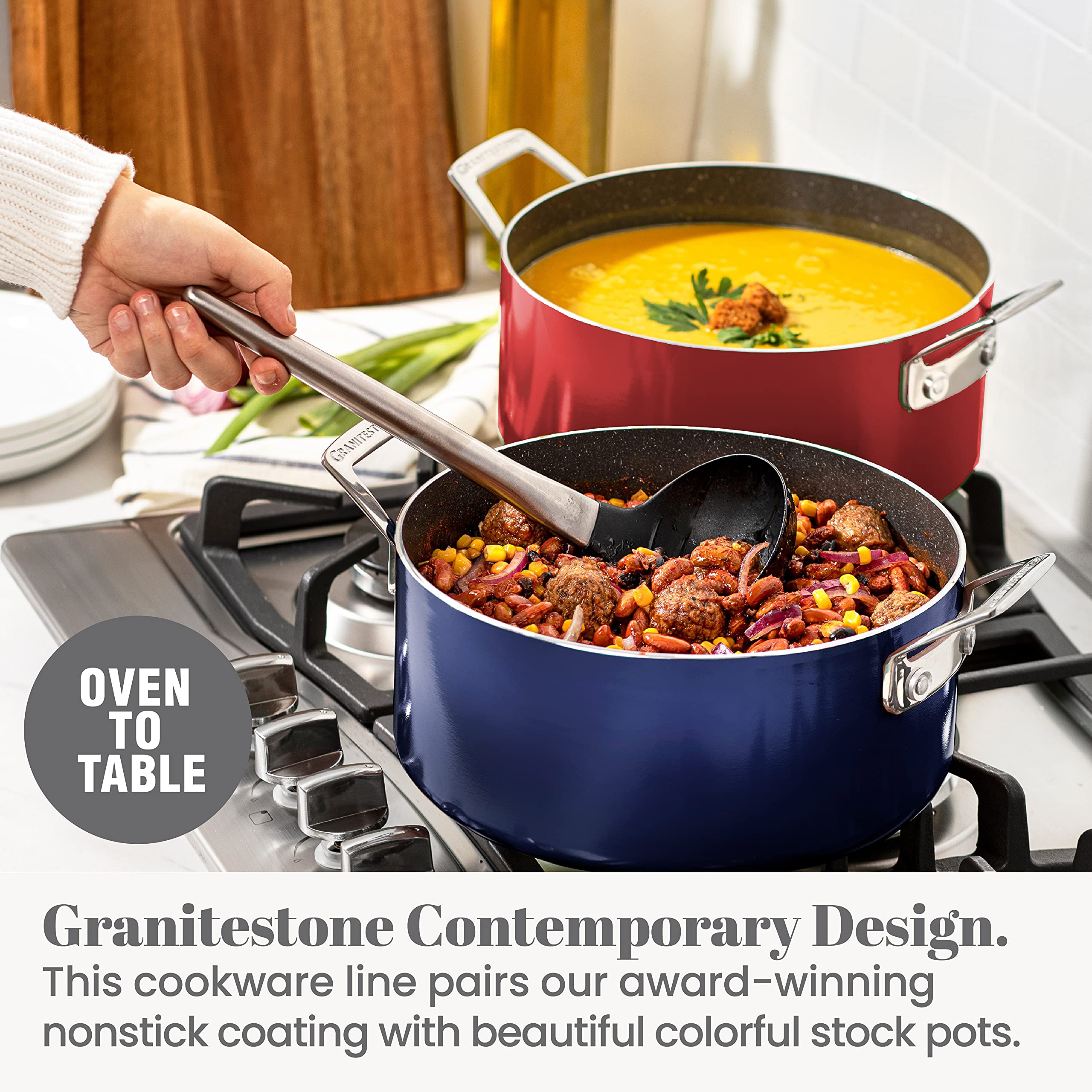 Granitestone Diamond 5 Quart Nonstick Stock Pot with Tempered Glass Lid - Oven & Dishwasher Safe, PFOA Free - Red - Perfect for Soups, Stews, Pasta & Slow Cooking