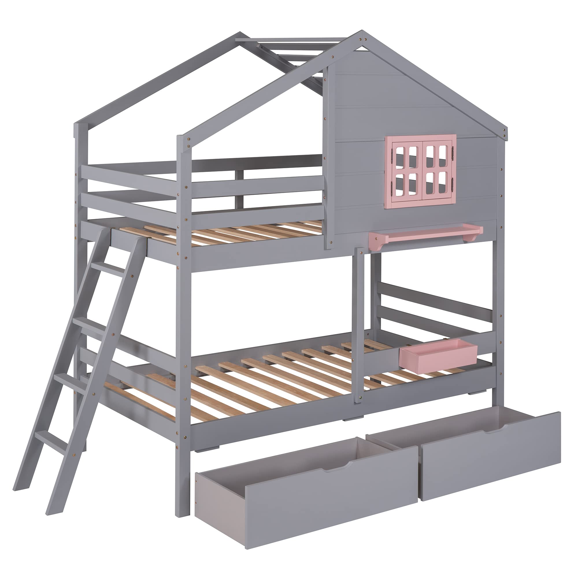 SOFTSEA Twin Over Twin Wooden Bunk Bed with 3 Drawers, Storage Shelf, Window & Roof - Space-Saving Kids & Teens Bed in Gray - Perfect for Small Bedrooms, Shared Kids Rooms & Vacation Homes