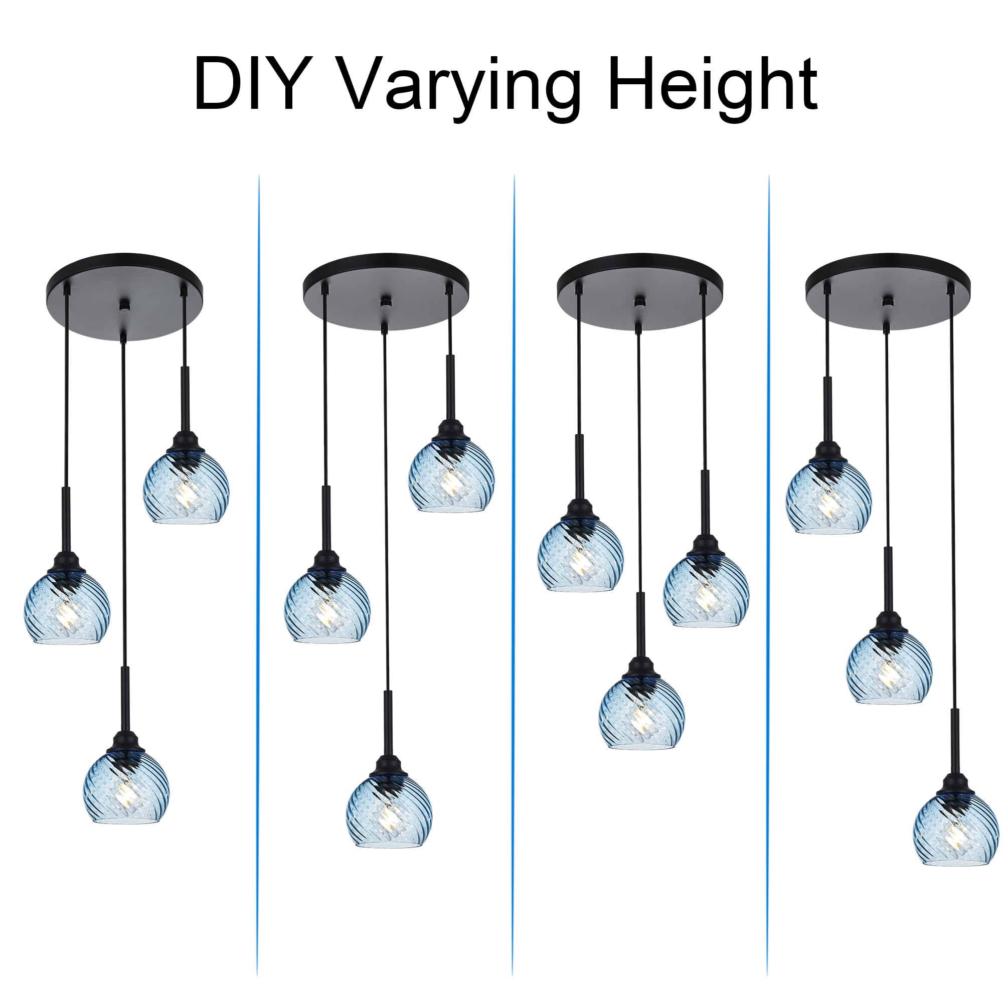Modern Blue Striped Swirl Glass 3-Light Pendant Lighting for Kitchen Island & Dining Room - Cluster Hanging Ceiling Light with E26 Base - Perfect for Kitchen Counter, Breakfast Bar & Dining Table Ambiance