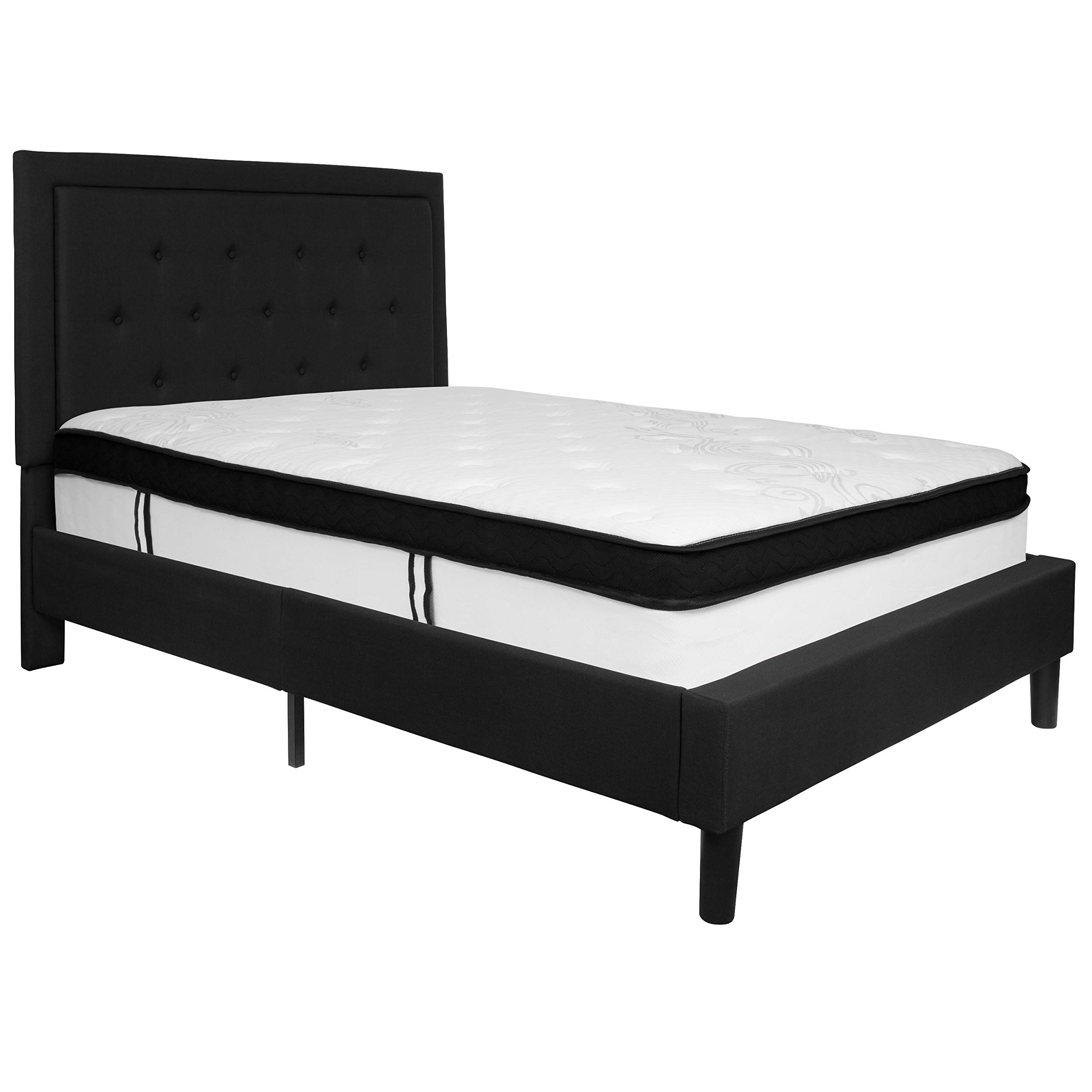 Emma & Oliver Full Panel Tufted Platform Bed with Memory Foam Mattress - Queen Size Black Fabric Bed Frame for Modern Bedroom | Perfect for Master Bedroom, Guest Room & Apartment Sleeping