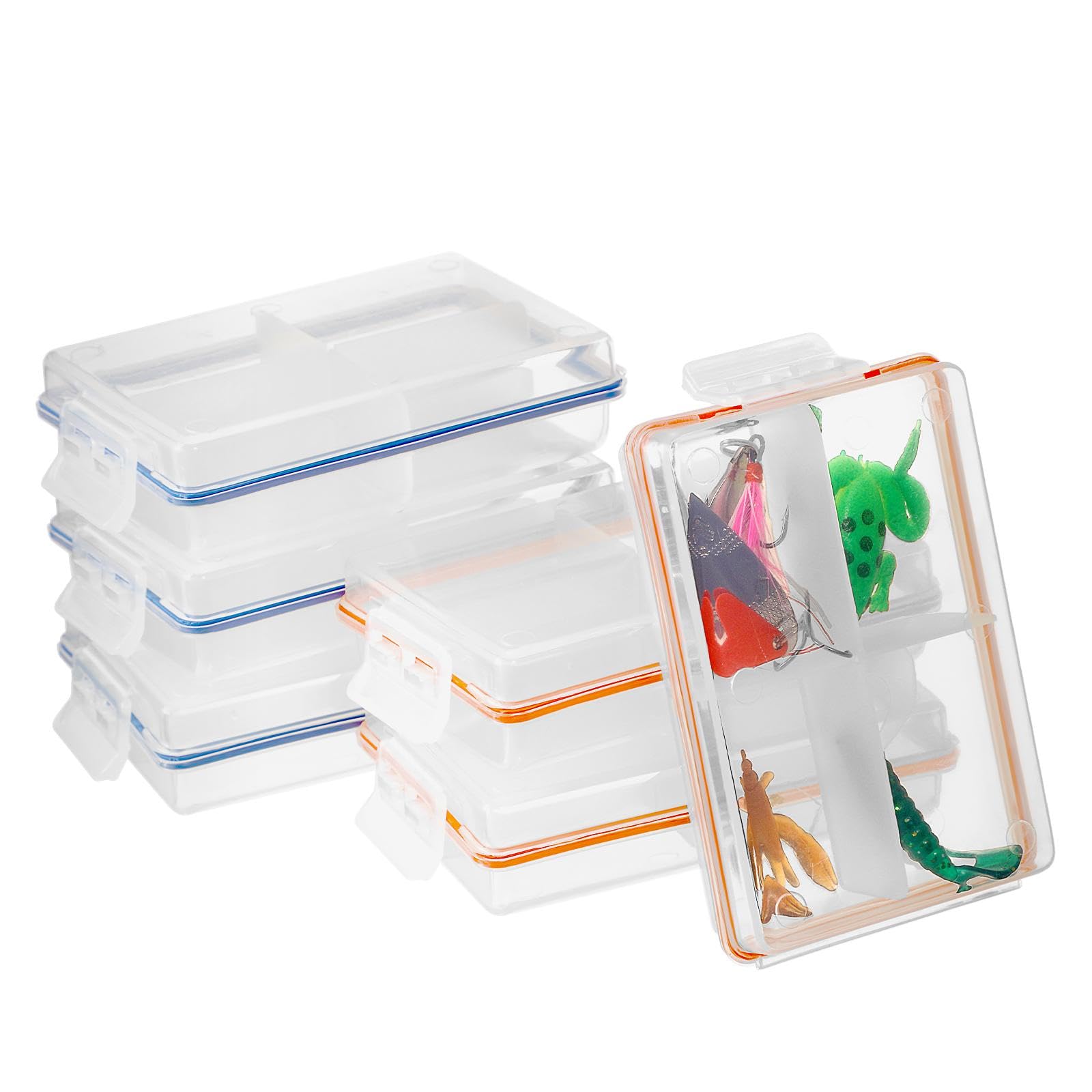 6 Pack Small Plastic Fishing Tackle Box Organizer with 4 Compartments - Portable Lure Storage Box for Bass, Trout & Saltwater Fishing - Perfect for Boat, Kayak & Shore Fishing Trips