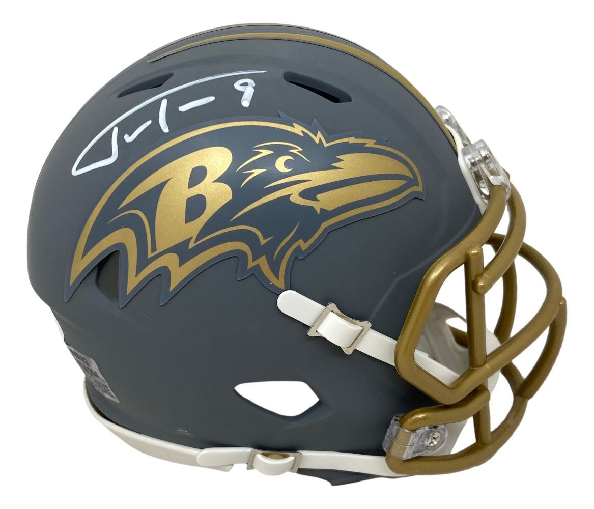 Justin Tucker Autographed Baltimore Ravens Slate Mini Speed Helmet with JSA COA - Perfect for NFL Collectors, Ravens Fans & Sports Memorabilia Displays