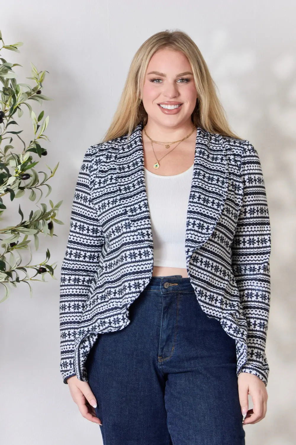 Heimish Full Size Open Front Printed Blazer for Women - Stylish Casual Office Wear & Spring Outerwear