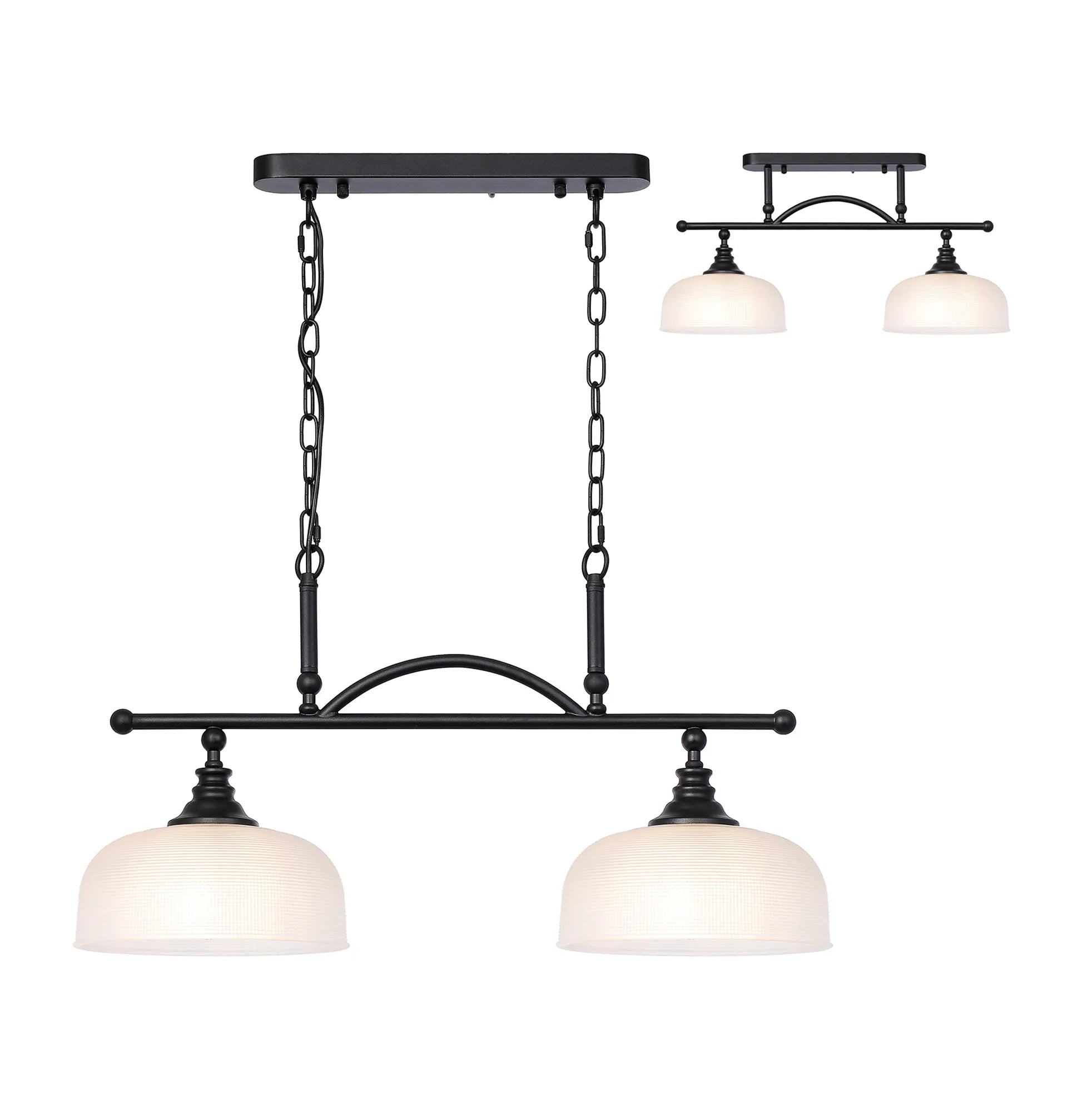 Cleron Semi Flush Mount Ceiling Light - Adjustable 2/3 Light Kitchen Lighting Fixture with E27 Socket in Satin Nickel, Polished Nickel & Antique Brass Finish - Prismatic Glass Shade for Dining Room, Bedroom or Hallway Lighting