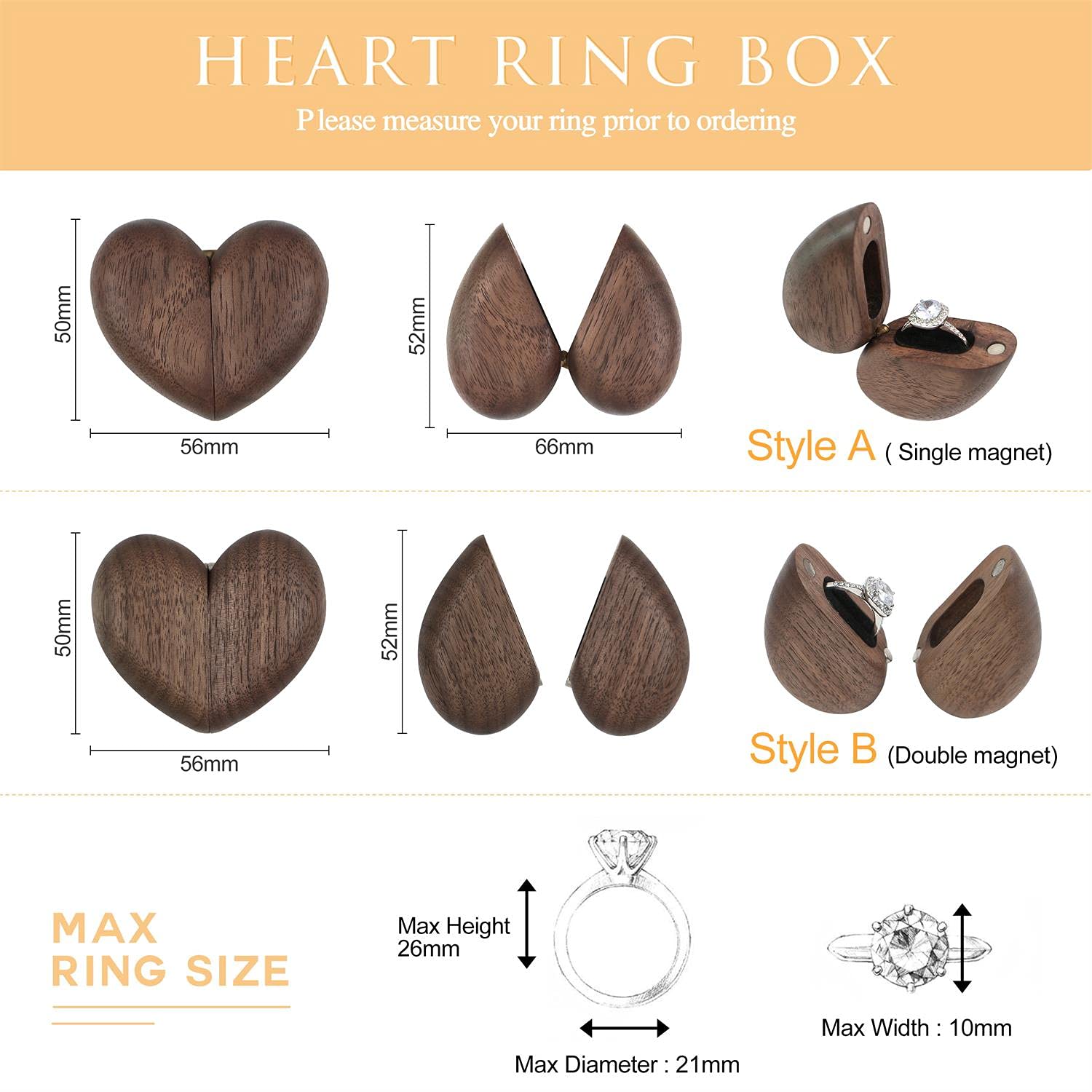 KWOOD Personalized Heart Shaped Walnut Ring Box with Magnetic Closure - Elegant Engagement Ring Box, Wedding Jewelry Gift for Her, Birthday Present - Perfect for Proposal, Ring Storage & Special Occasions
