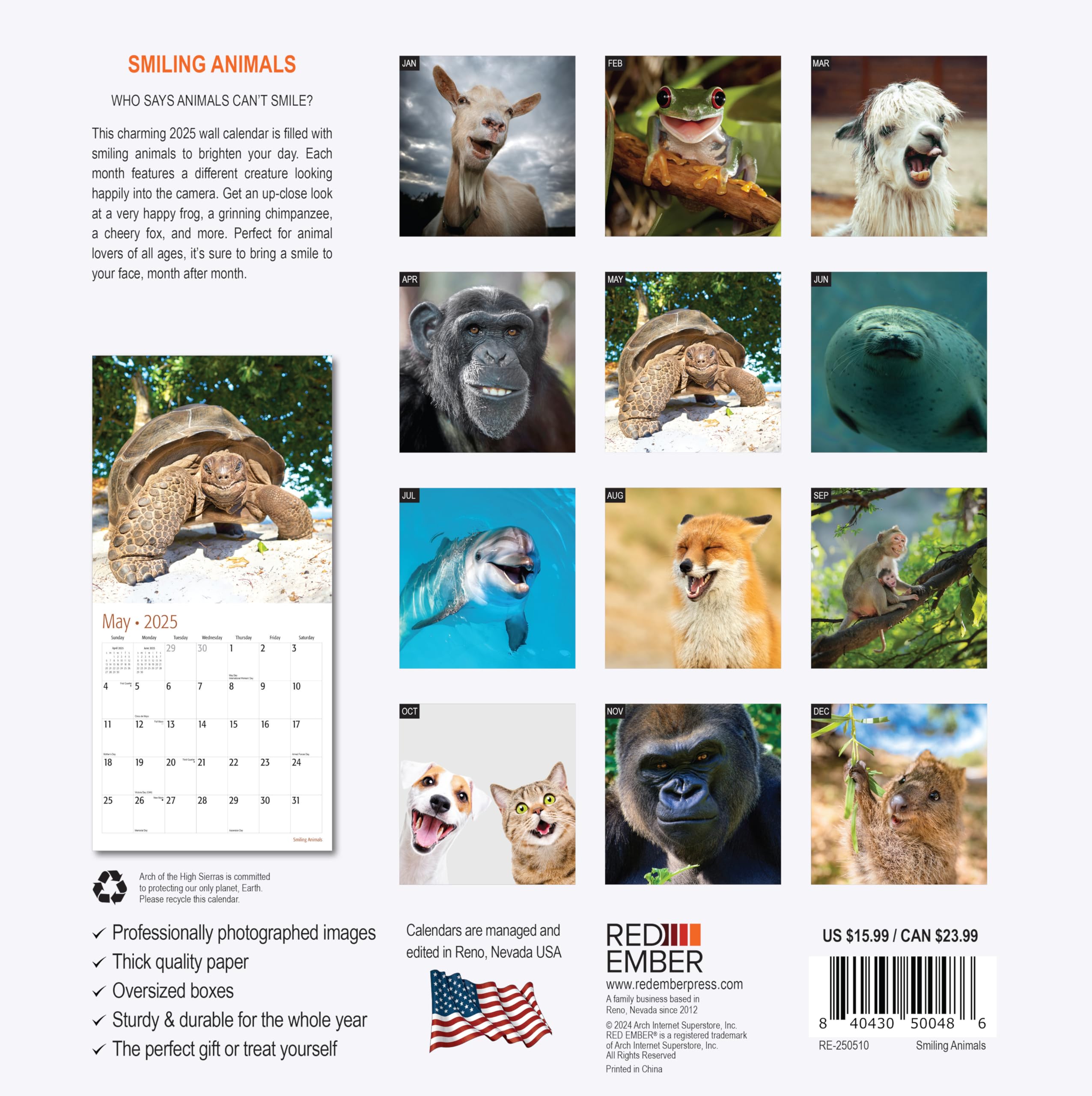 RED EMBER Smiling Animals 2025 Wall Calendar - 12 Months, 12