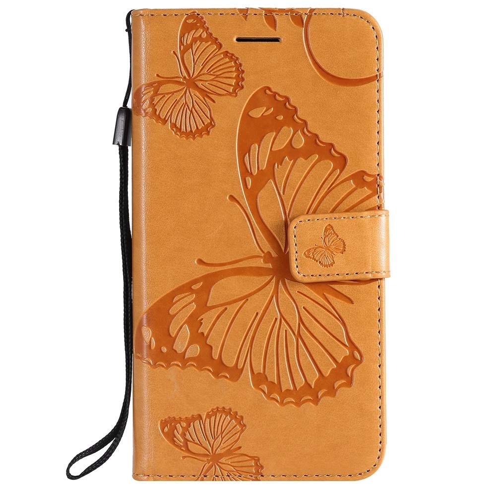 Butterfly Floral PU Leather Wallet Stand Phone Case with Wrist Strap for iPhone Xr (6.1 Inch) - Yellow | Slim Protective Cover with Card Slots | Perfect for Everyday Use, Travel & Hands-Free Viewing