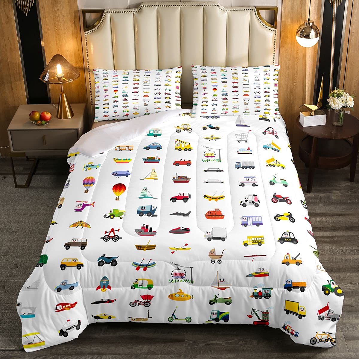 **Kids Cartoon Cars & Airplane Comforter Set - Lightweight Duvet Cover with 2 Pillowcases for Boys Room Decor | Full Size Bedding | Perfect for Kids Bedrooms, Playrooms & Themed Parties**