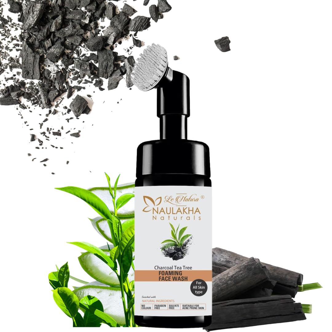 Le Natura Naulakha Naturals Charcoal Tea Tree Foaming Face Wash with Built-In Brush - Anti-Acne, Oil Control Cleanser for Men & Women | Vegan, No Harsh Chemicals | Daily Skincare Routine for Clear, Healthy Skin
