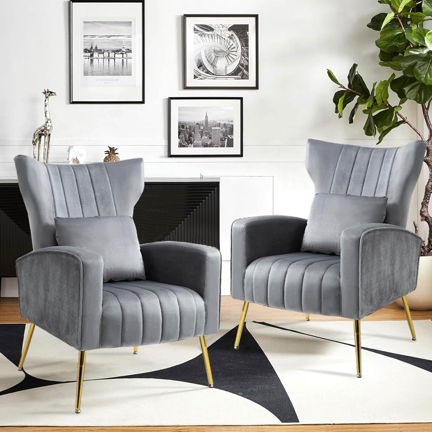 Velvet Accent Armchairs Set of 2 - Wingback Design with Lumbar Pillow - Modern Living Room & Bedroom Chairs - Office Guest Reception Side Chairs - Gold Finish Gray Velvet - Perfect for Home Decor, Lounge Seating & Elegant Entertaining Spaces