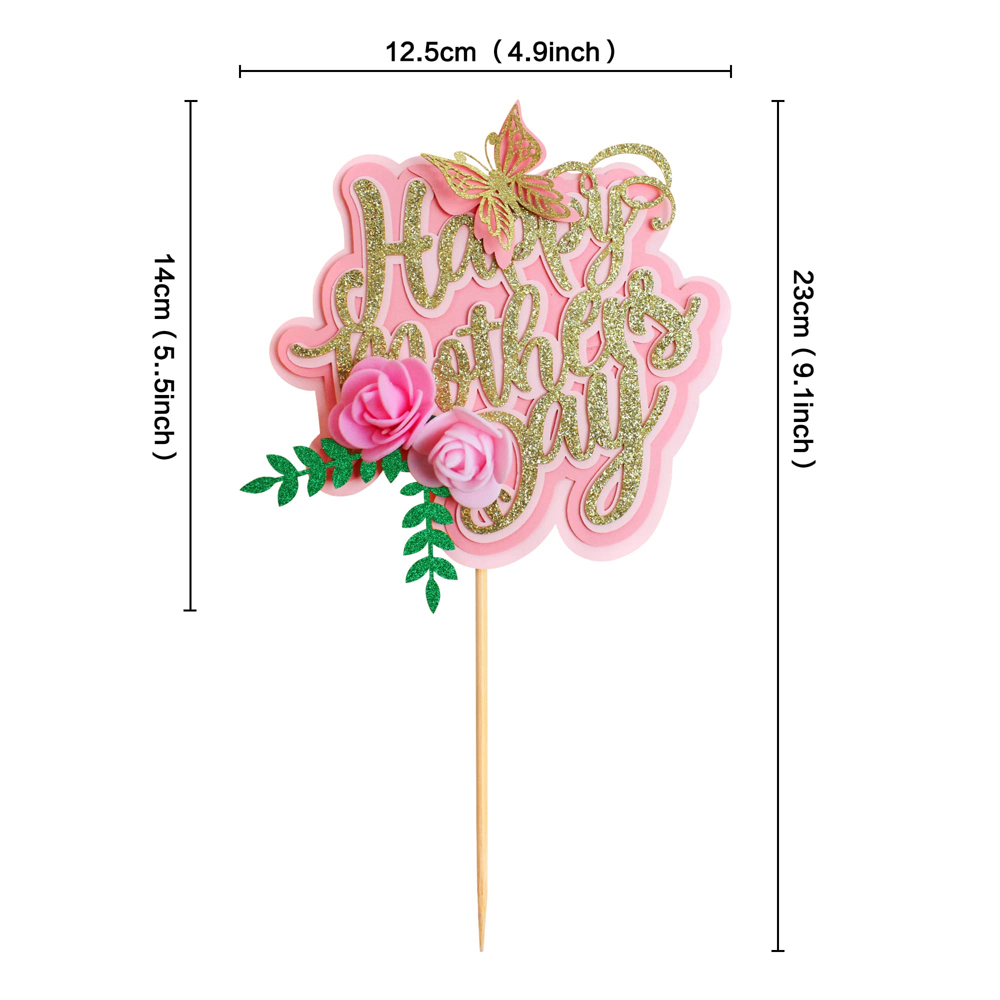 Gold Glitter Happy Mother's Day Cake Topper - Elegant Mom Letter Cake Decoration with Butterfly & Flower Design for Birthday Party, Wedding, Baby Shower & Special Celebrations