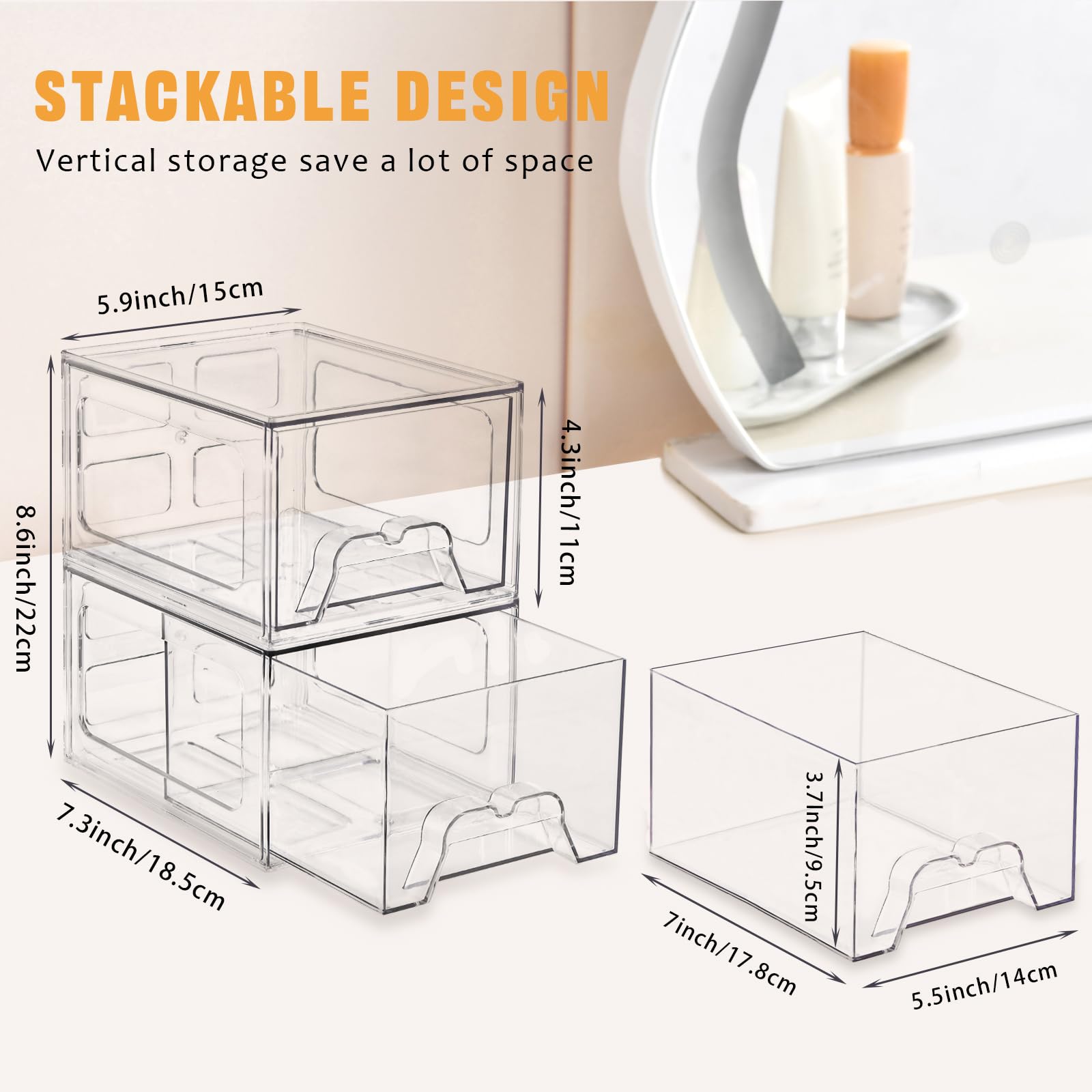 6 Pack Stackable Acrylic Makeup Organizer with Pull-out Handles, 4.4
