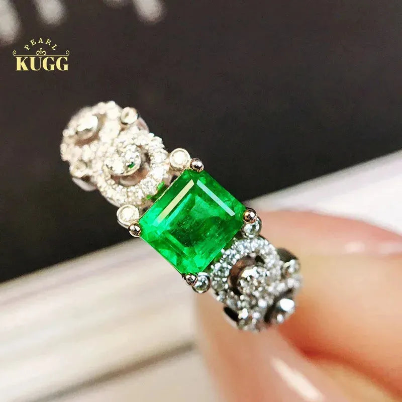 18K White Gold Emerald and Diamond Ring for Women - Real Natural Gemstone Vintage Luxury Jewelry - Perfect for Parties, Weddings & Special Occasions