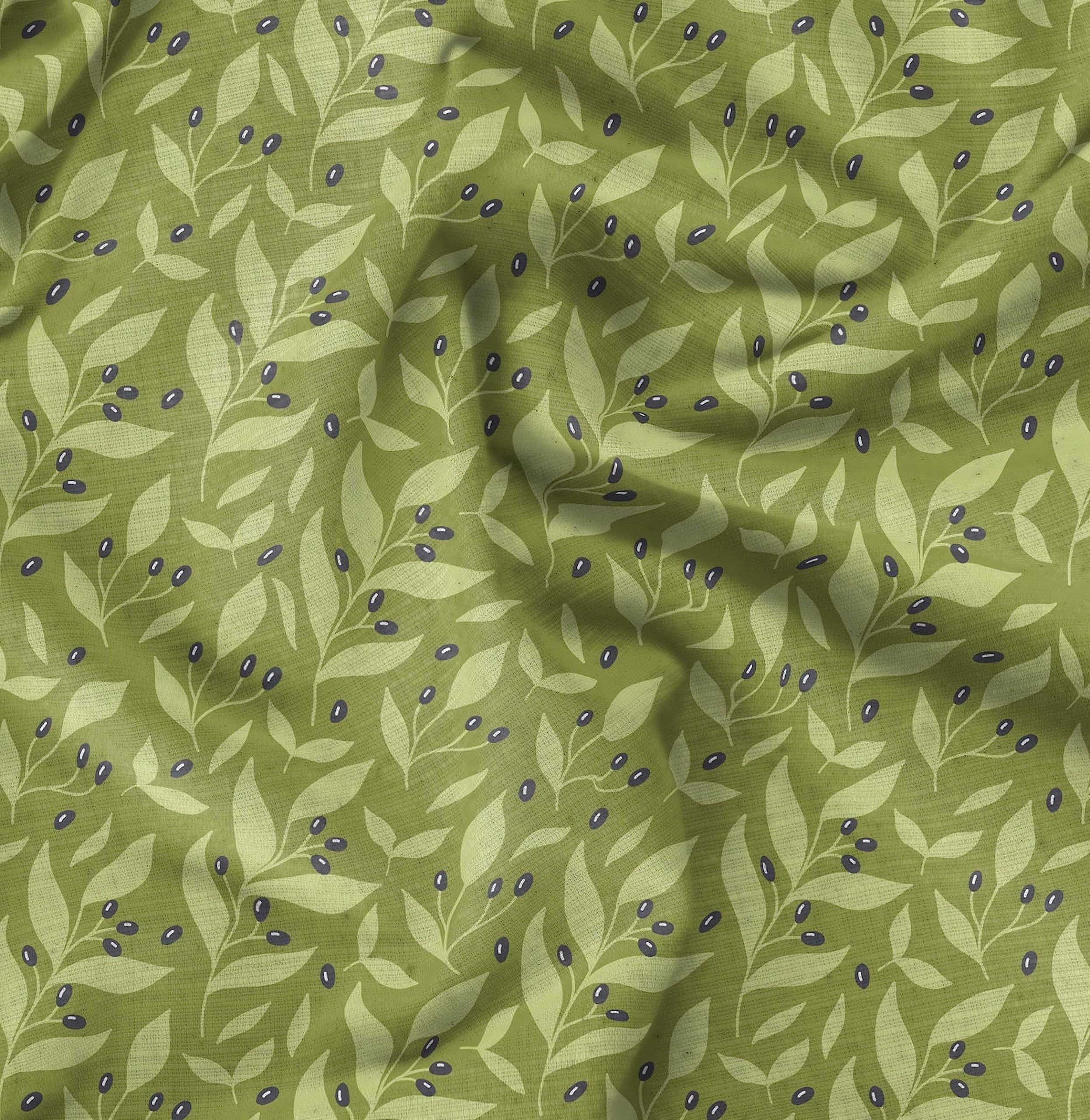 Soimoi Moss Georgette Green Fabric by The Yard - 42 Inch Wide Printed Fabric with Black Berries & Leaves Design - Bold Striking Patterns for Dresses, Scarves, Curtains & Home Decor